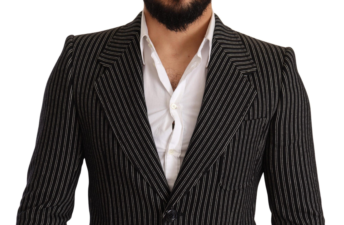 Dolce &amp; Gabbana Schwarz gestreifter Slim-Fit-Wollmantel-Blazer