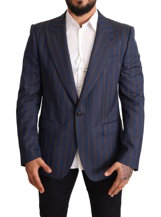 Dolce &amp; Gabbana Blue Striped Wool Slim Fit Blazer Jacket