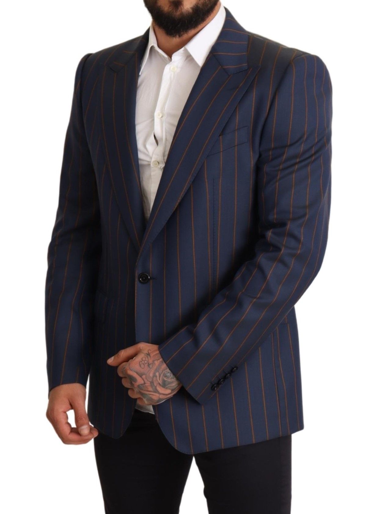 Dolce &amp; Gabbana Blue Striped Wool Slim Fit Blazer Jacket