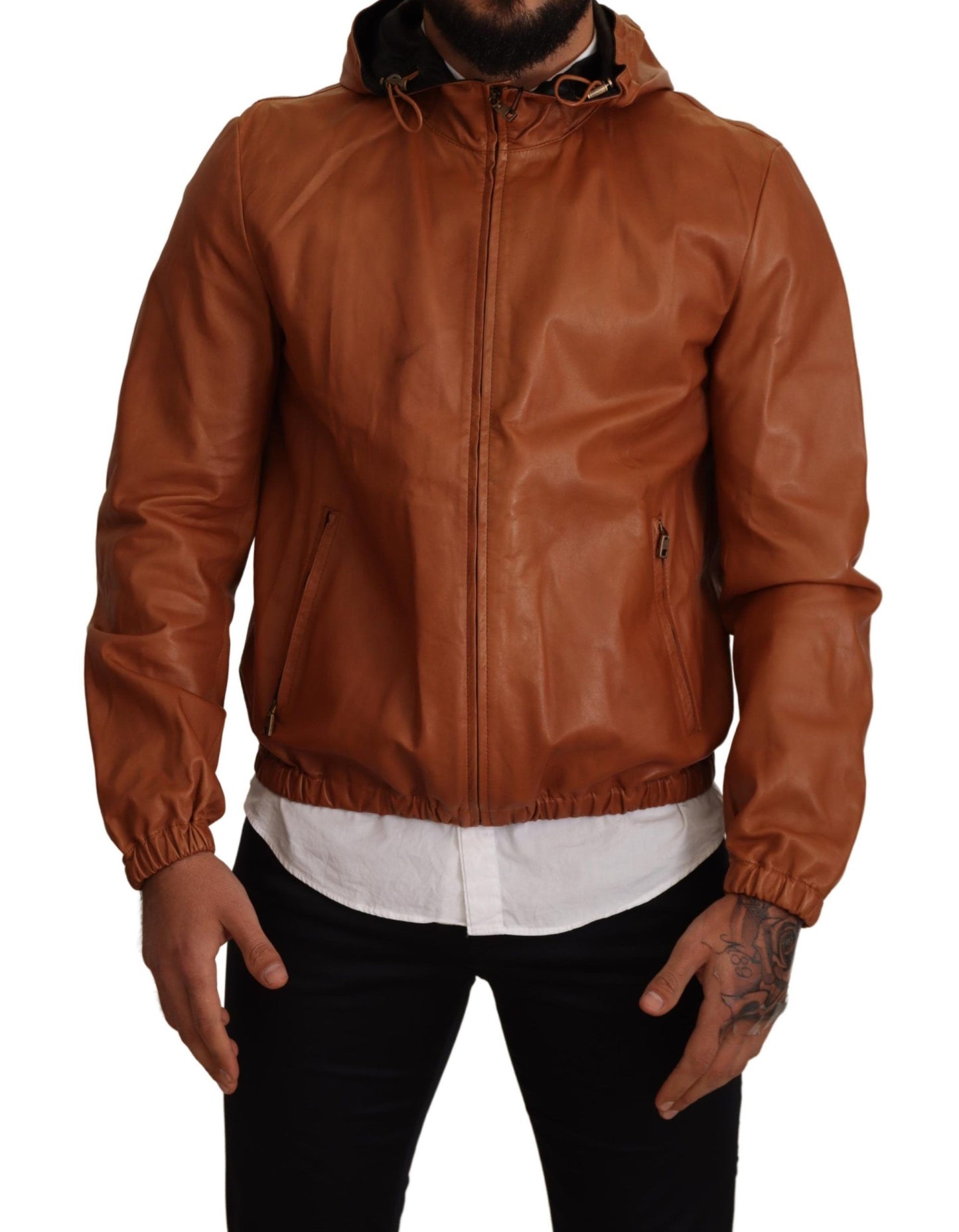 Dolce &amp; Gabbana Brown Leather Lambskin Hooded Coat Jacket