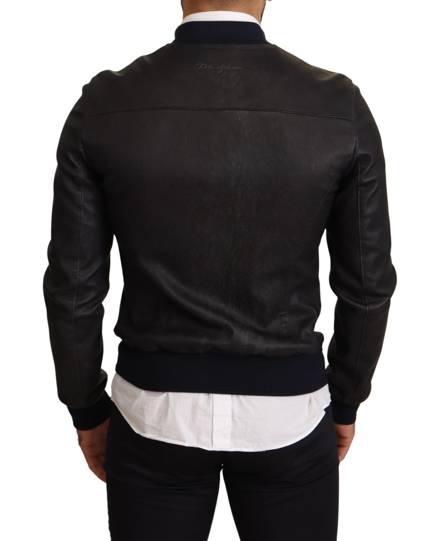 Dolce &amp; Gabbana Blue Leather Full Zip Bomber Men Jacket