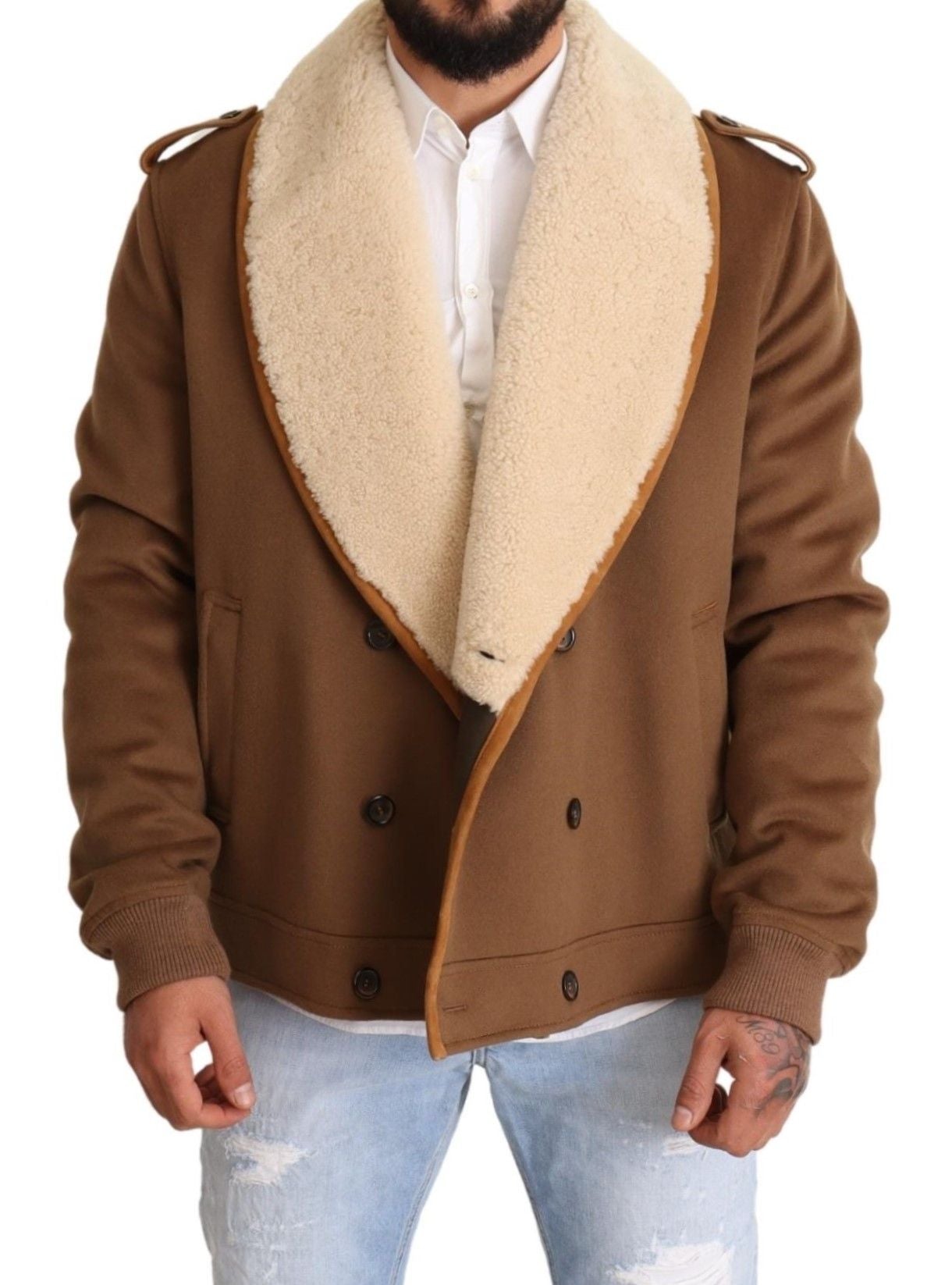 Dolce &amp; Gabbana Brown Double Breasted Shearling Coat Jacket