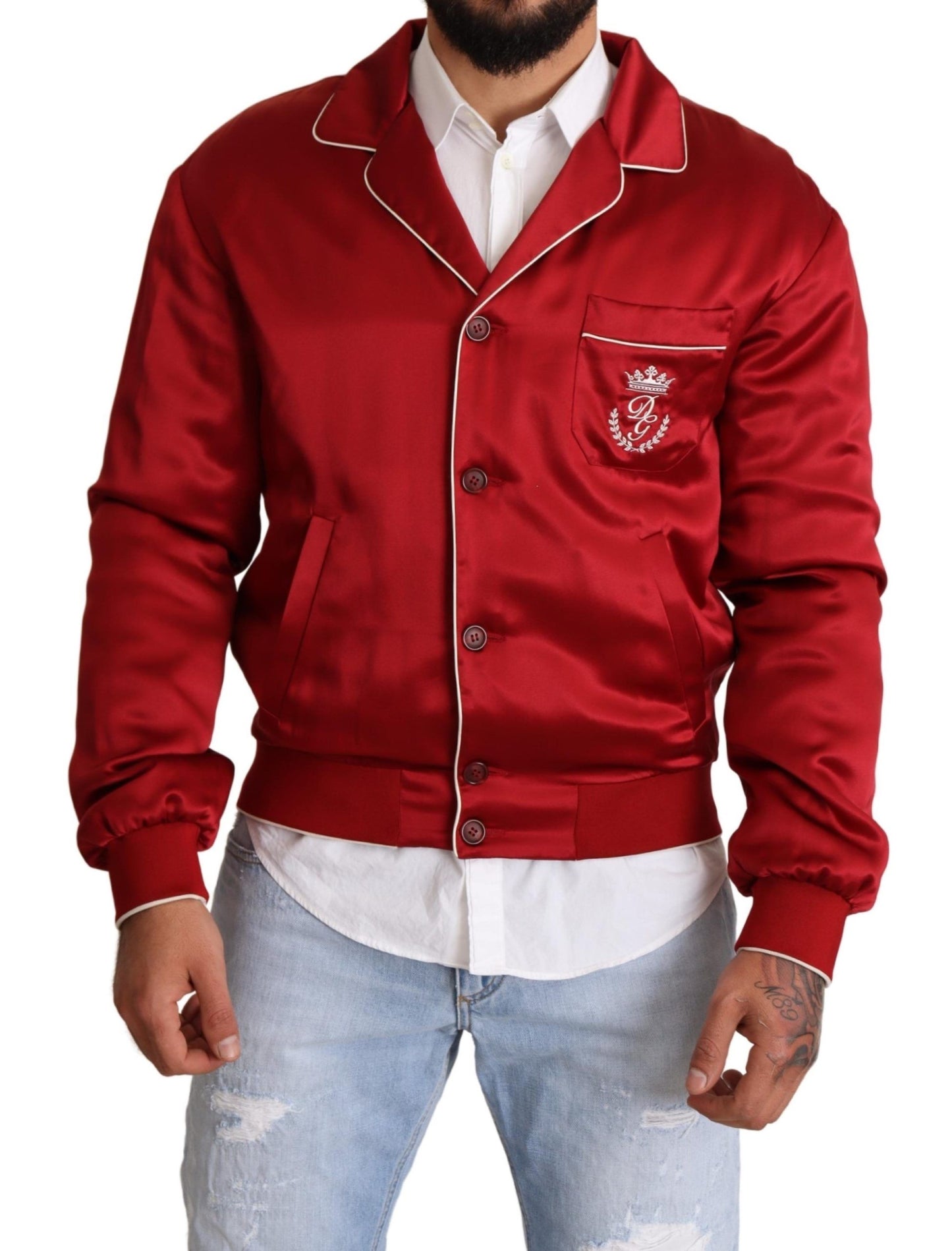 Dolce &amp; Gabbana Red Silk Button DG Logo Bomber Jacket