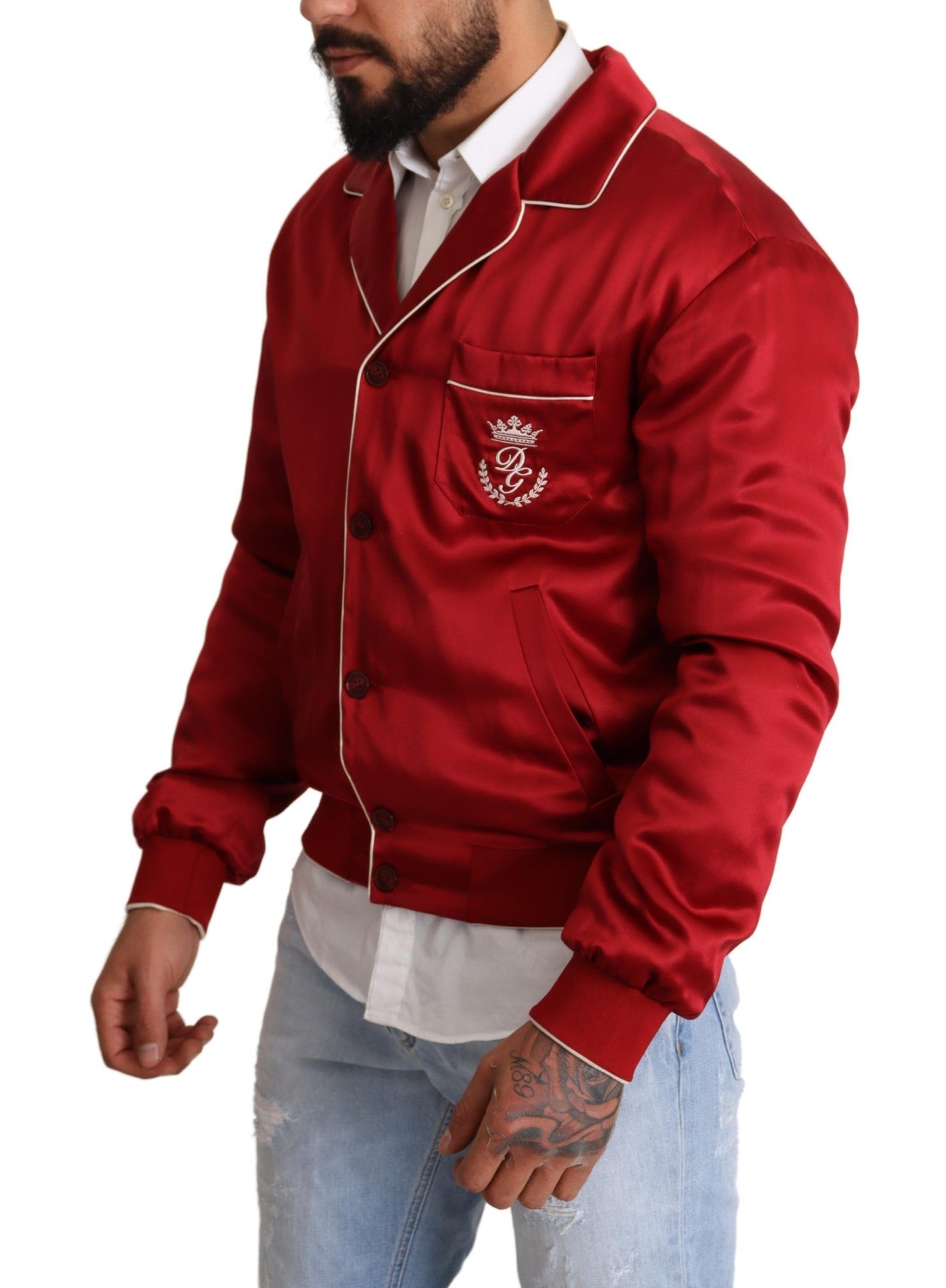 Dolce &amp; Gabbana Red Silk Button DG Logo Bomber Jacket