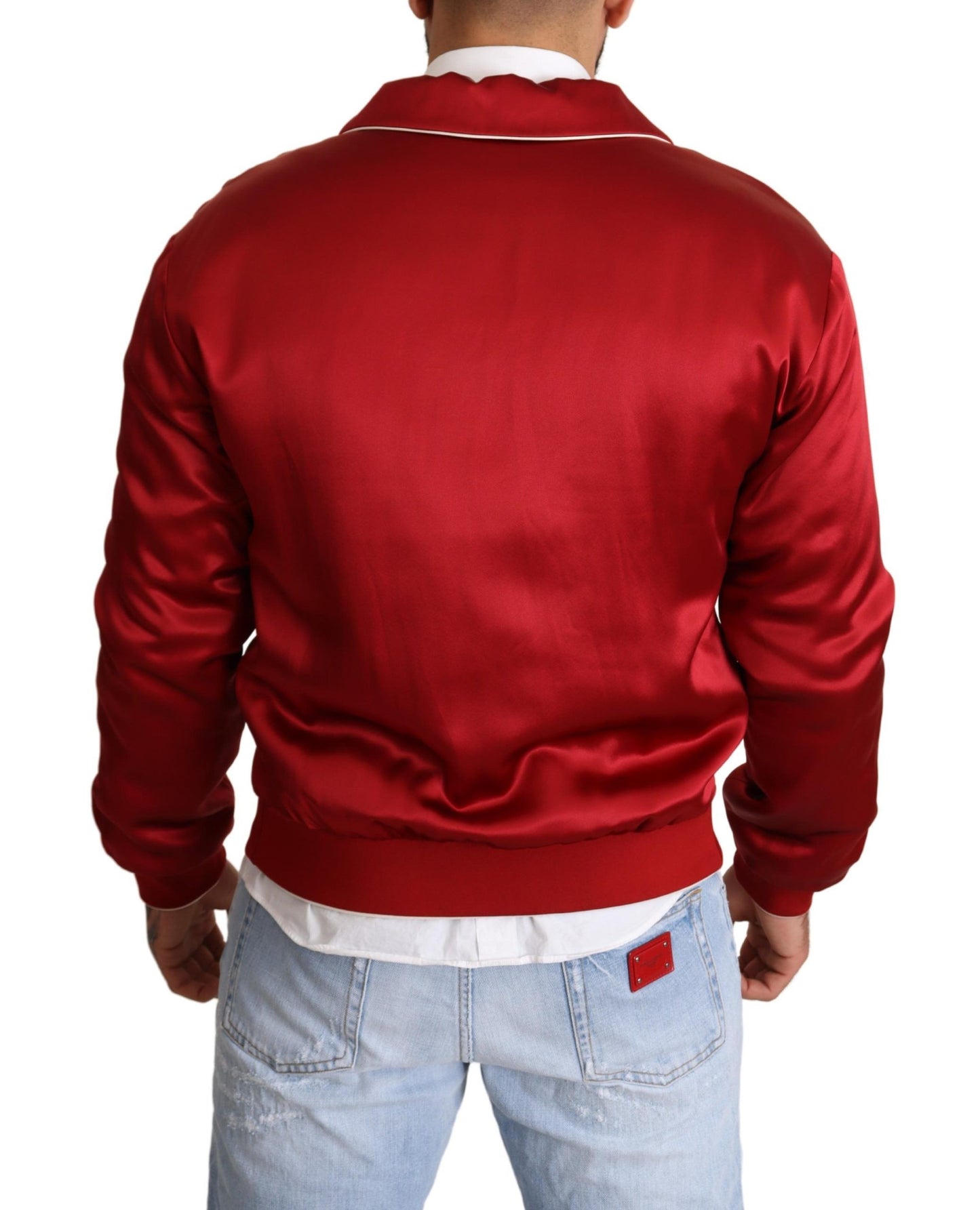 Dolce &amp; Gabbana Red Silk Button DG Logo Bomber Jacket