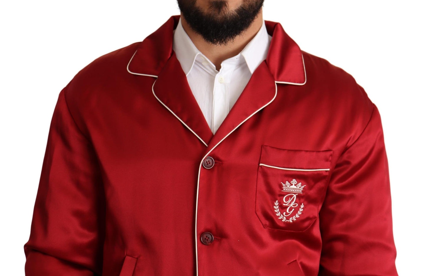 Dolce &amp; Gabbana Red Silk Button DG Logo Bomber Jacket