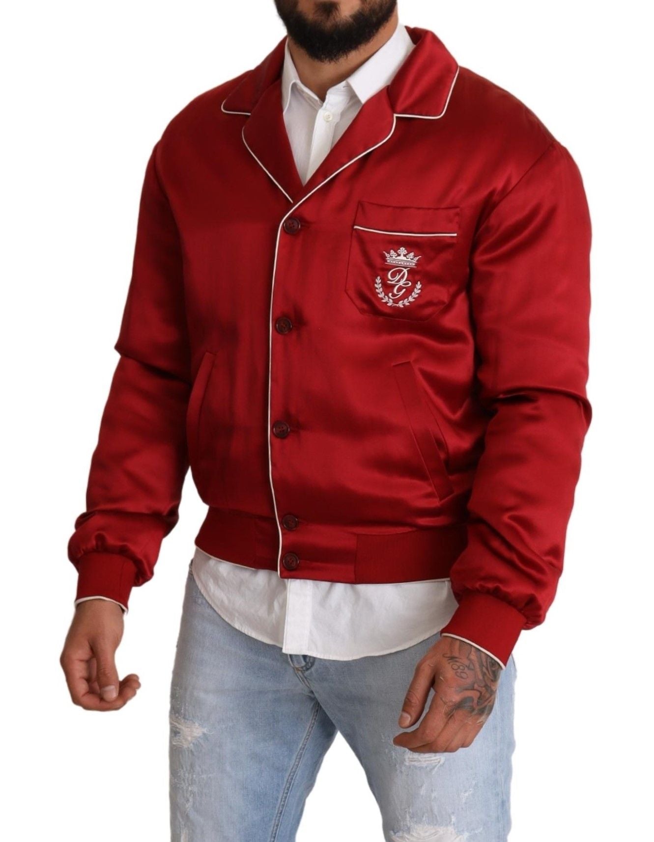 Dolce &amp; Gabbana Red Silk Button DG Logo Bomber Jacket