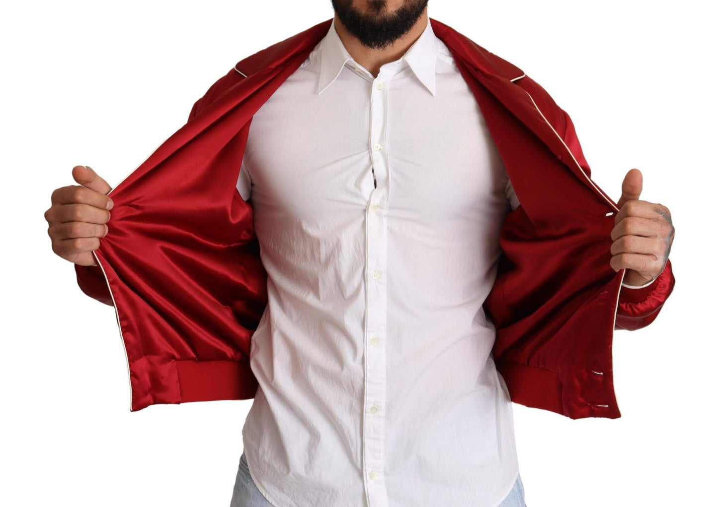 Dolce &amp; Gabbana Red Silk Button DG Logo Bomber Jacket