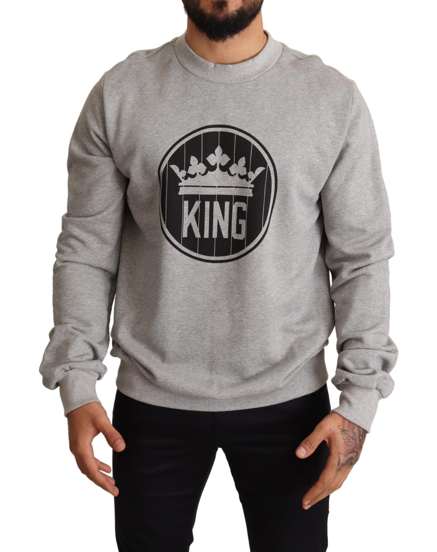 Grauer Baumwollpullover mit Crown King-Print von Dolce &amp; Gabbana