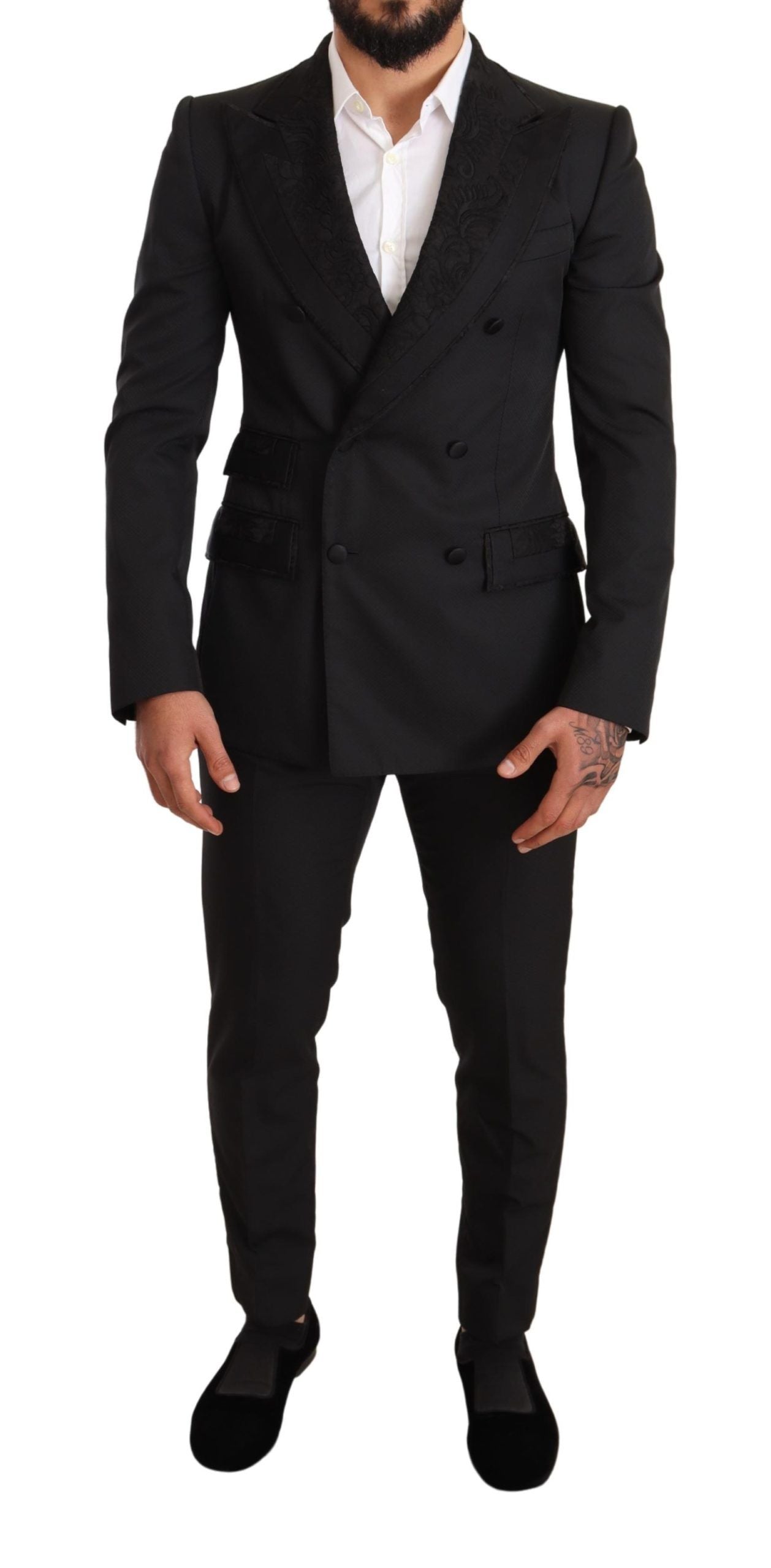 Dolce &amp; Gabbana Black Brocade 2 Piece Set Polyester Suit