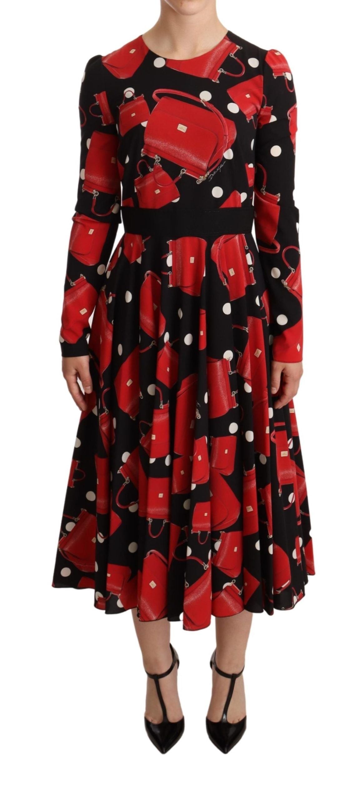 Dolce &amp; Gabbana Black Sicily Bag Print Flared Midi Dress