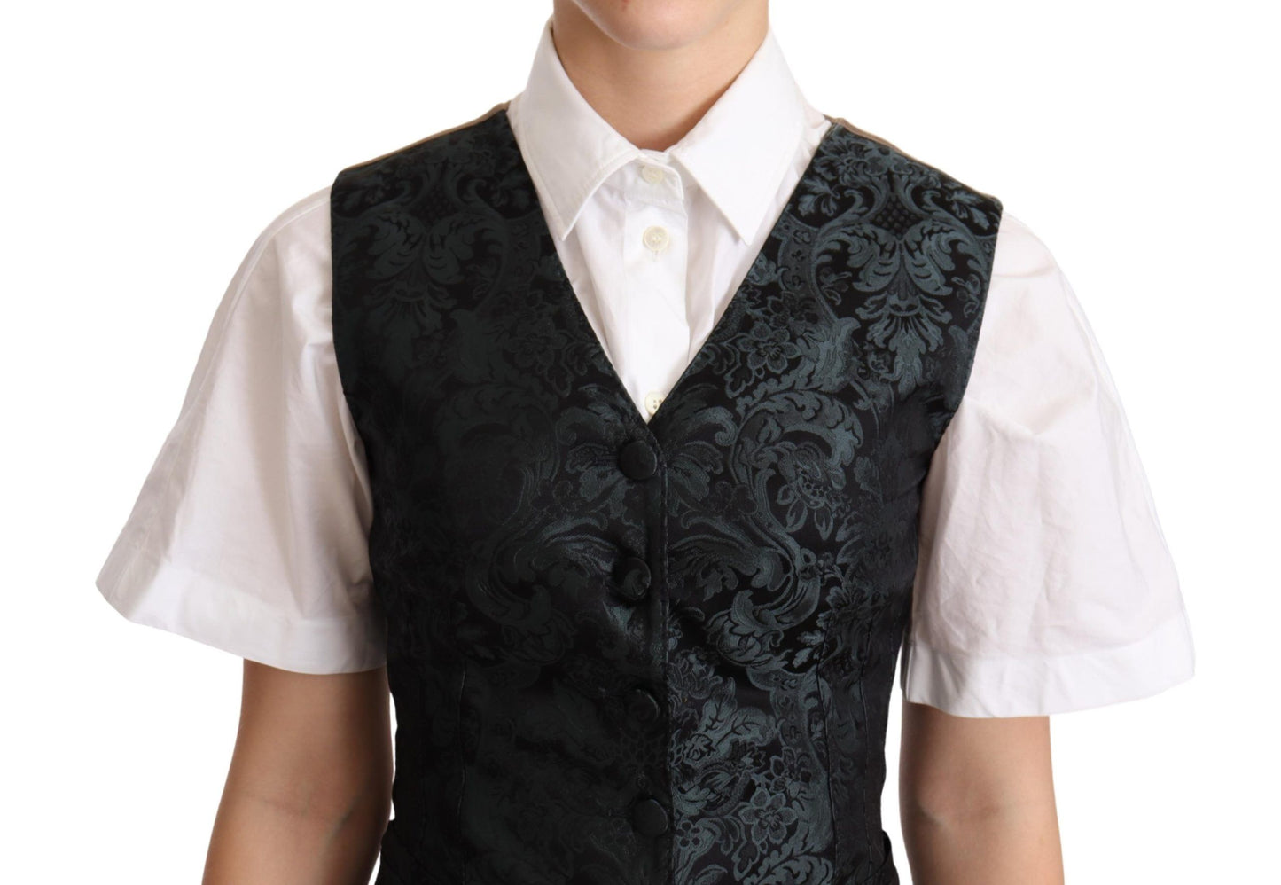 Dolce &amp; Gabbana Black Jacquard Floral Waistcoat Vest Green