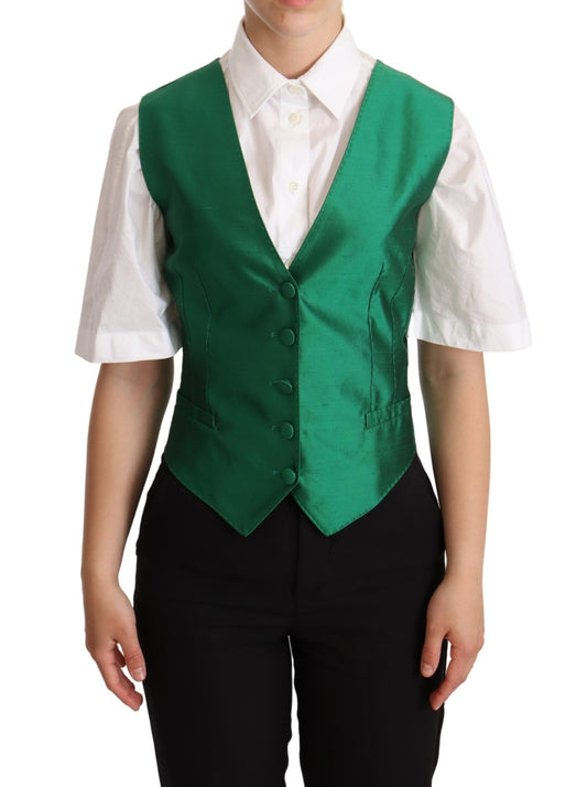 Dolce &amp; Gabbana Green Silk Satin na walang manggas na Waistcoat Vest