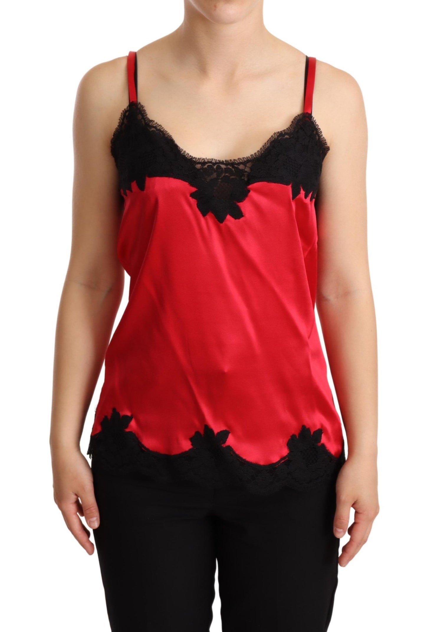 Dolce &amp; Gabbana Rotes Camisole-Oberteil aus Seidensatin mit Blumenspitzenbesatz