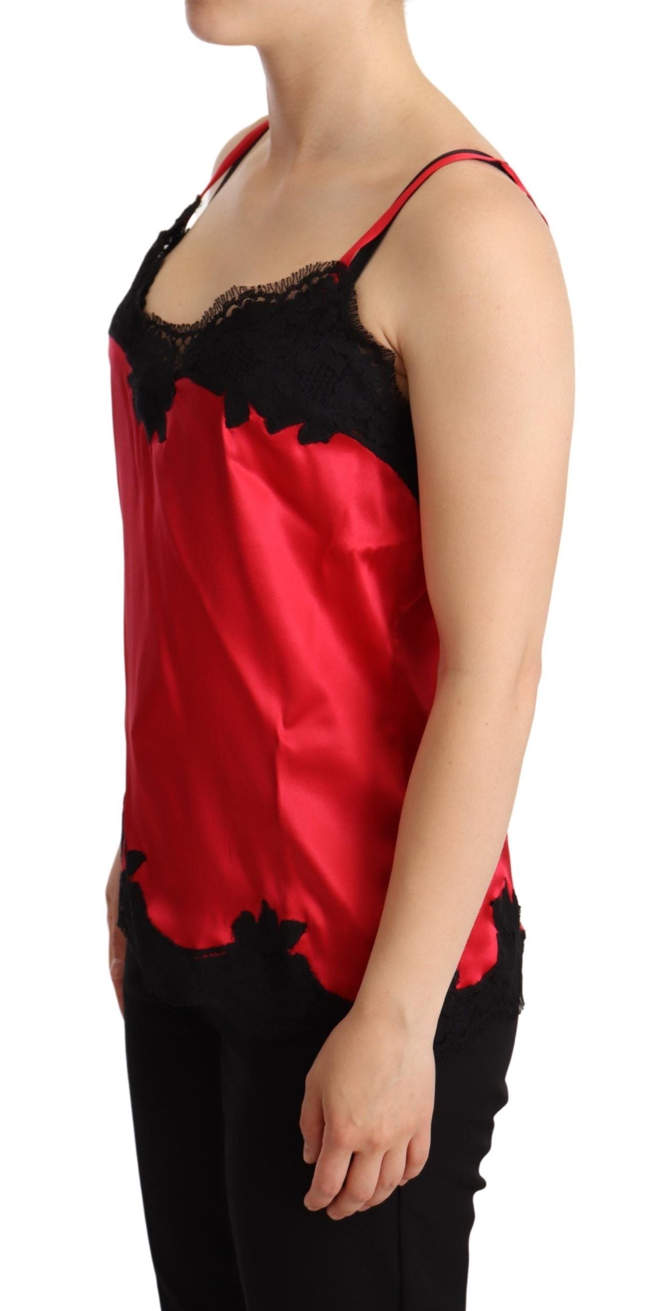 Dolce &amp; Gabbana Red Floral Lace Trimmed Silk Satin Camisole Top