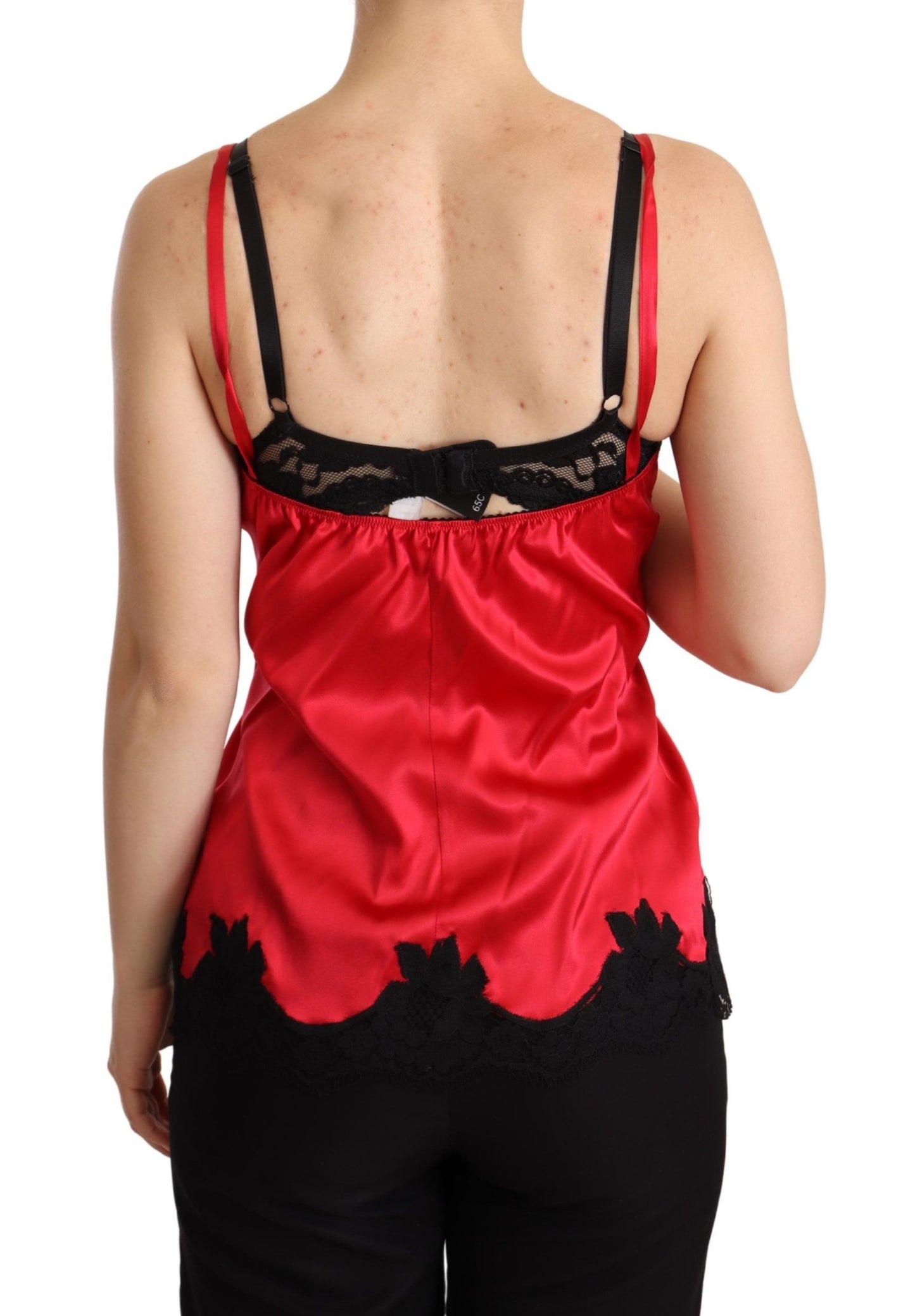 Dolce &amp; Gabbana Red Floral Lace Trimmed Silk Satin Camisole Top