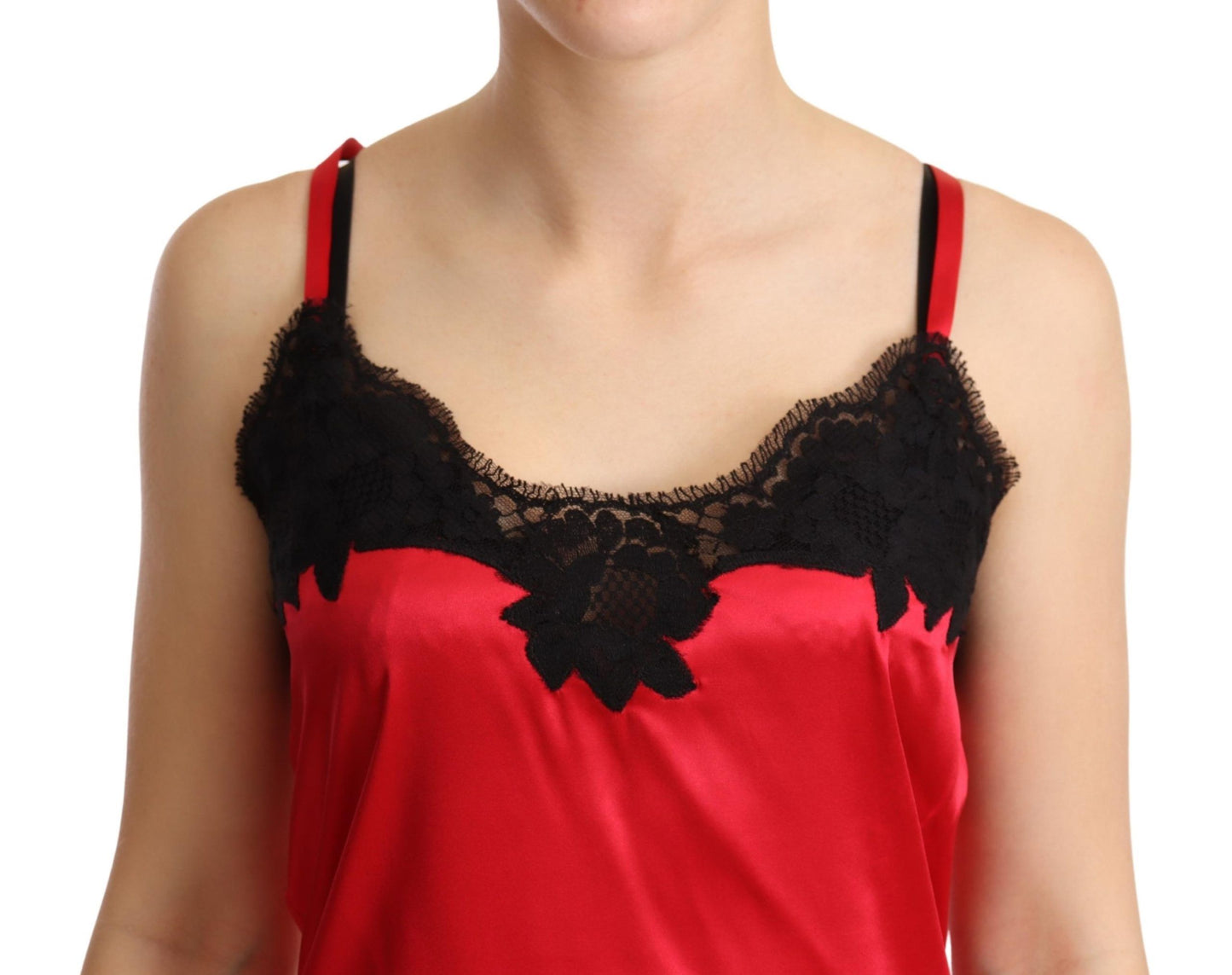 Dolce &amp; Gabbana Red Floral Lace Trimmed Silk Satin Camisole Top