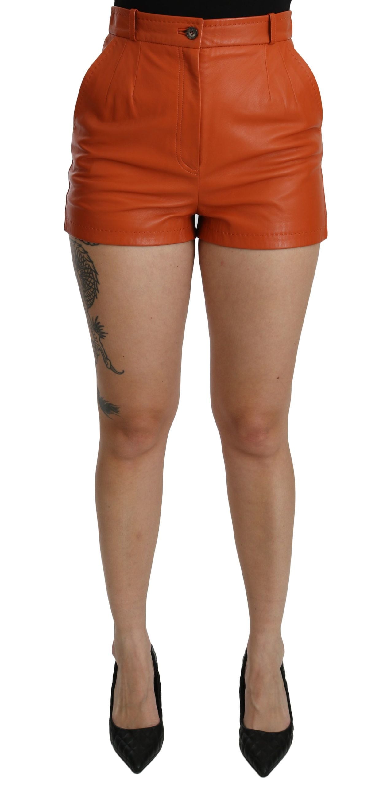 Dolce &amp; Gabbana Orange Leather High Waist Hot Pants Shorts