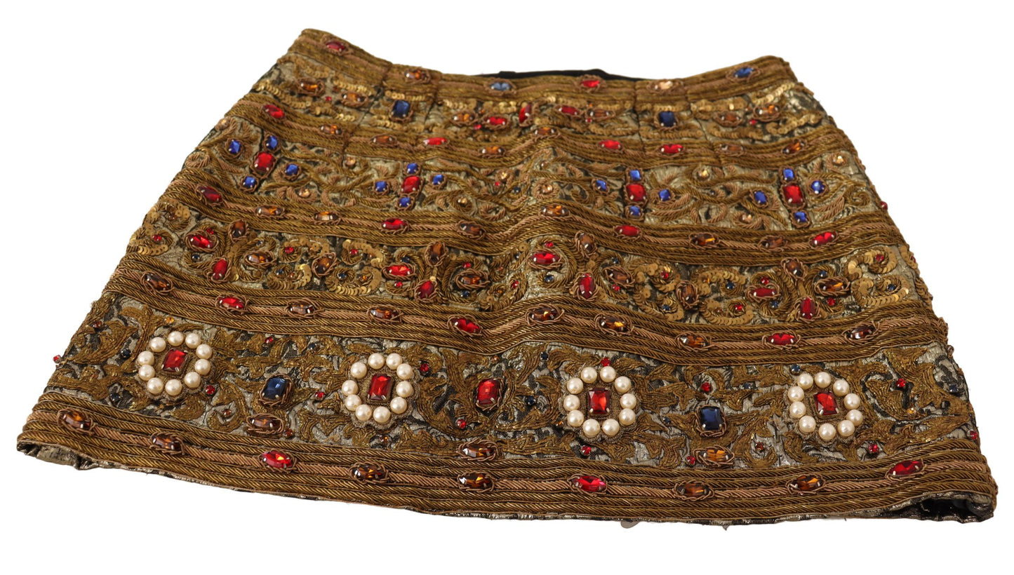 Dolce &amp; Gabbana Gold Crystal Jacquard High Waist Skirt