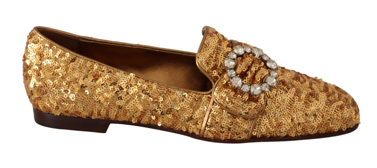 Dolce &amp; Gabbana Gold Sequin Crystal Flat Women Loafers Shoes