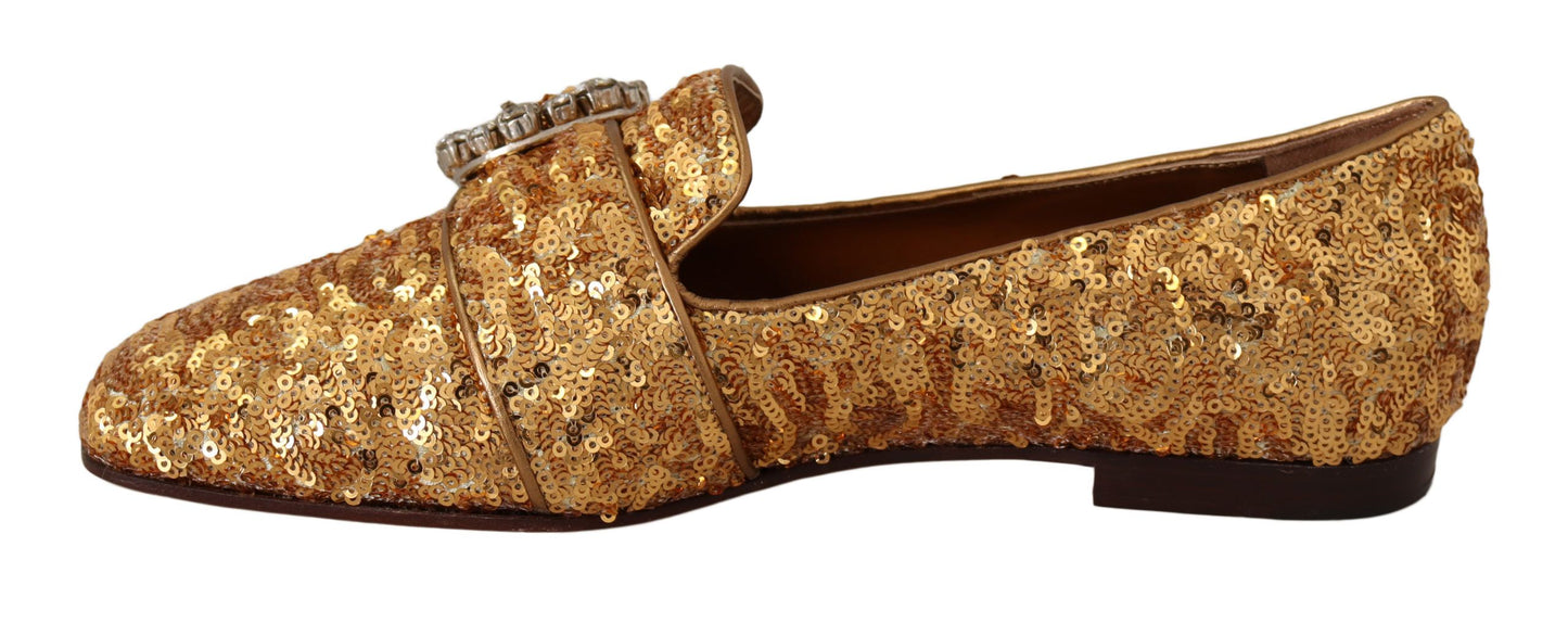 Dolce &amp; Gabbana Gold Sequin Crystal Flat Women Loafers Shoes