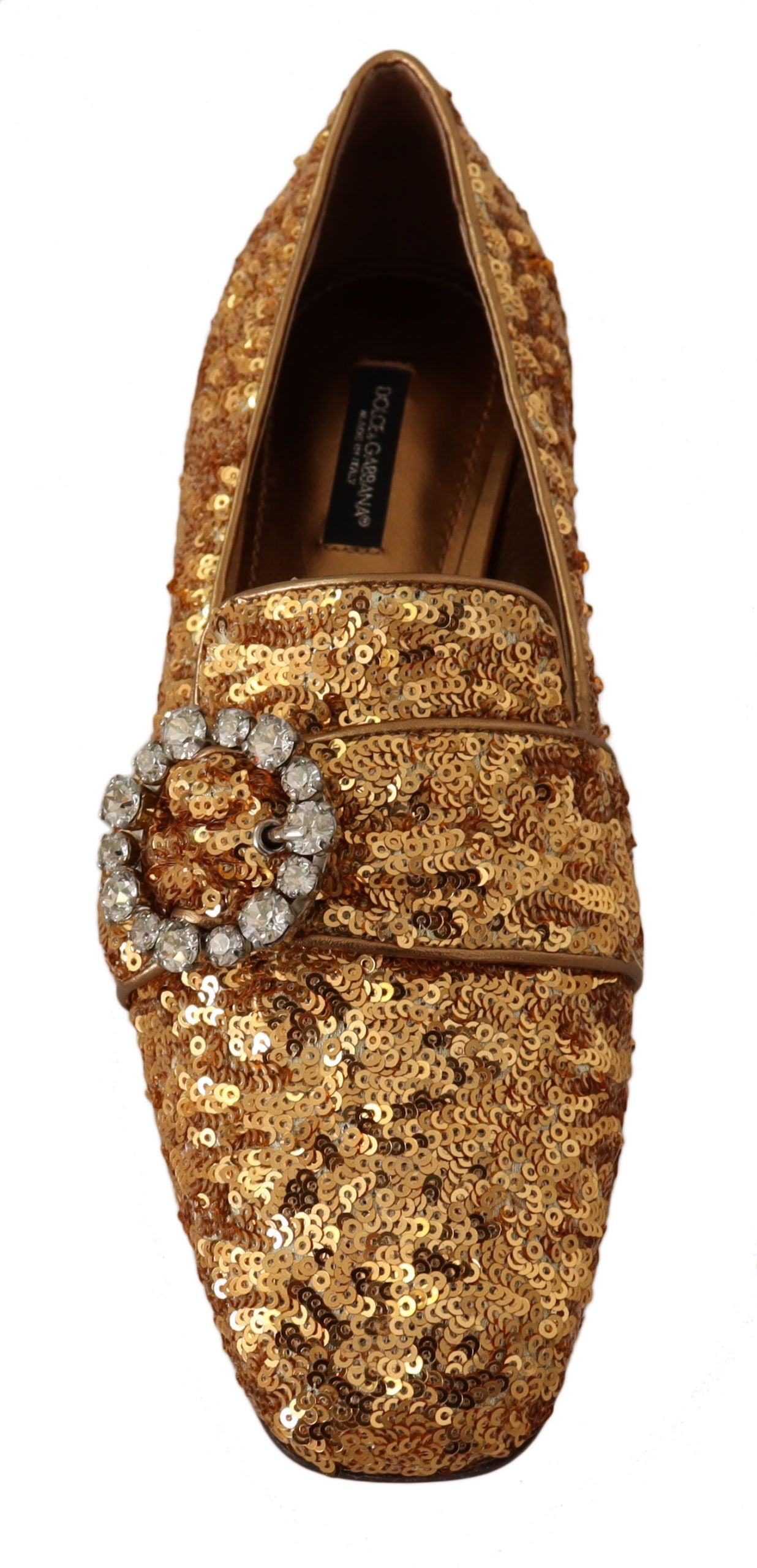 Dolce &amp; Gabbana Gold Sequin Crystal Flat Women Loafers Shoes