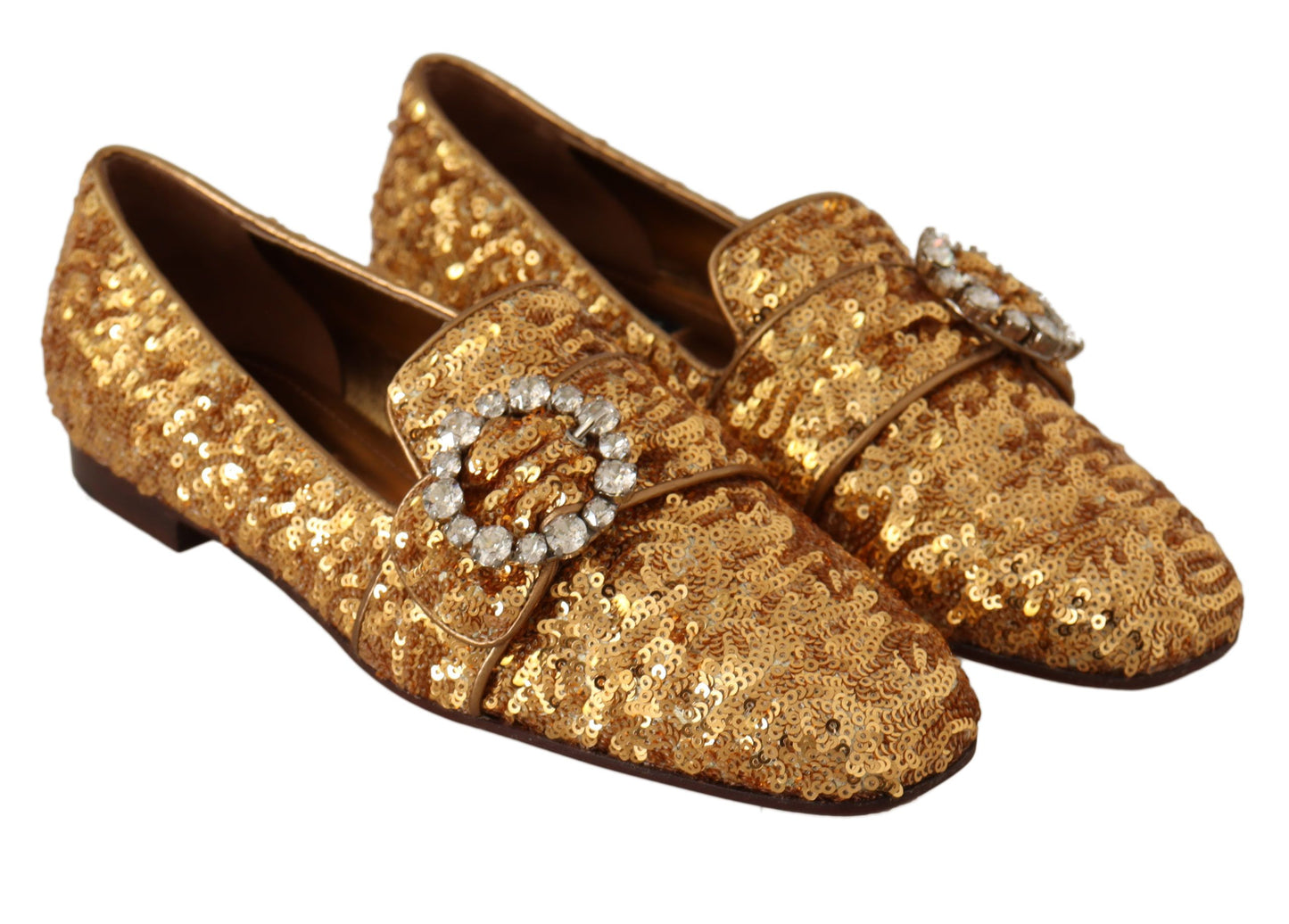 Dolce &amp; Gabbana Gold Sequin Crystal Flat Women Loafers Shoes