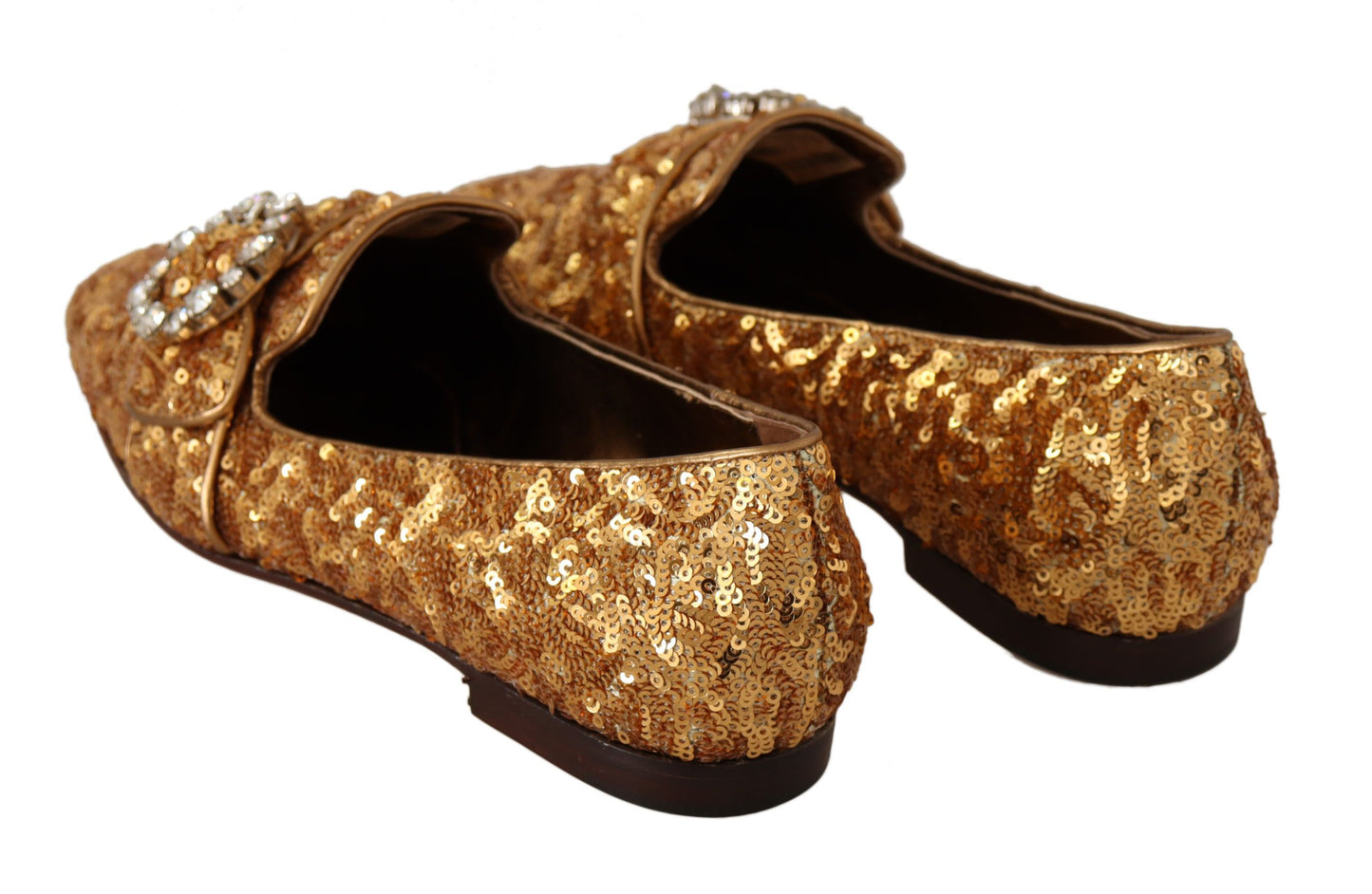 Dolce &amp; Gabbana Gold Sequin Crystal Flat Women Loafers Shoes