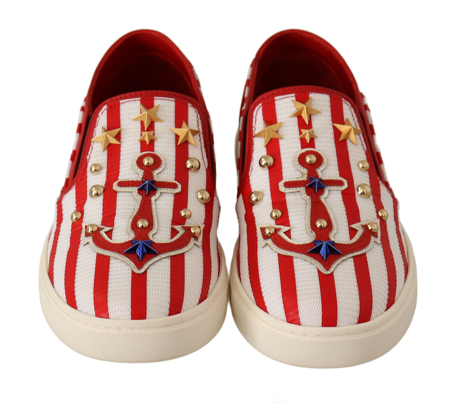 Dolce &amp; Gabbana Red White Anchor Studded Loafers Shoes