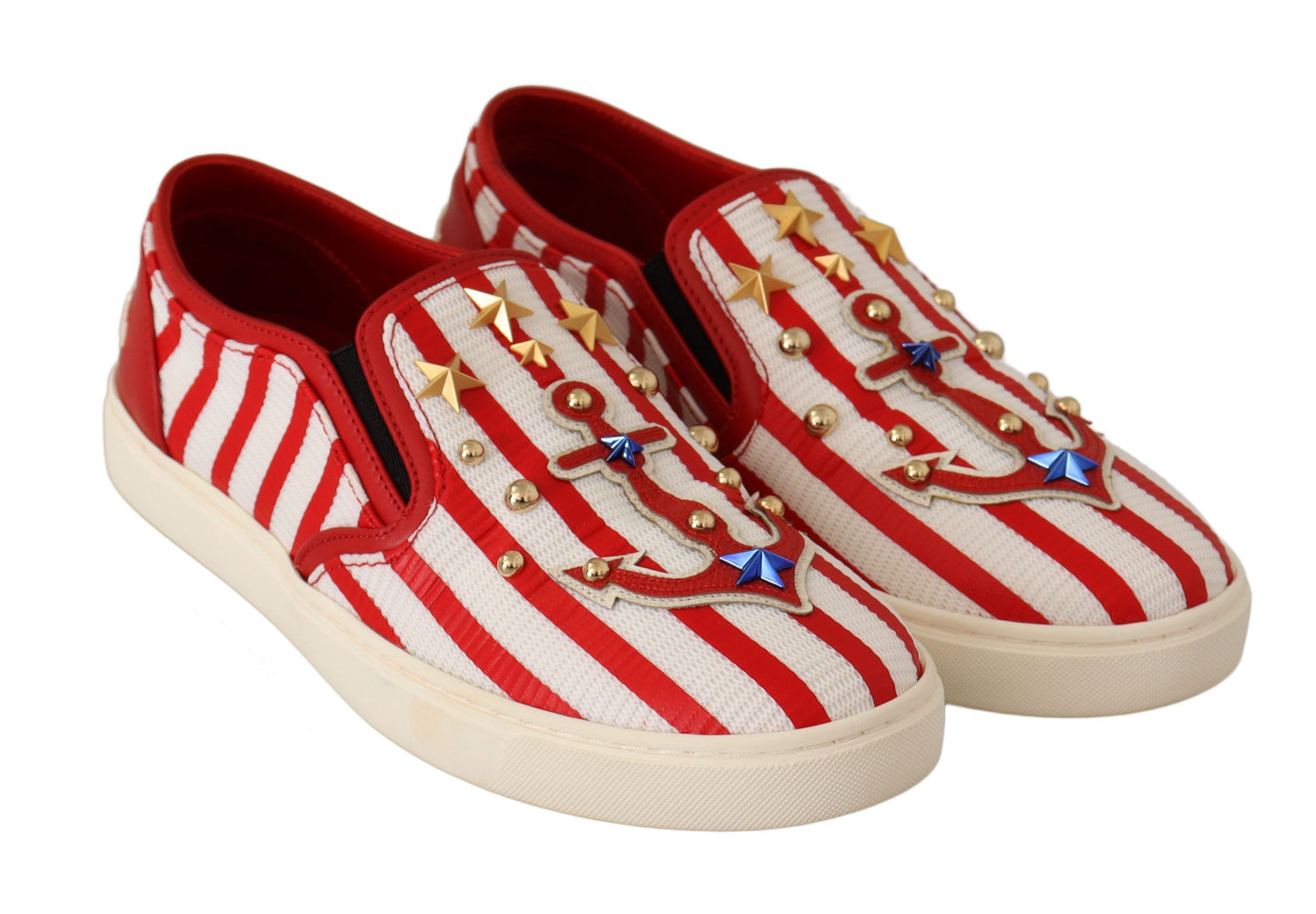 Dolce &amp; Gabbana Red White Anchor Studded Loafers Shoes