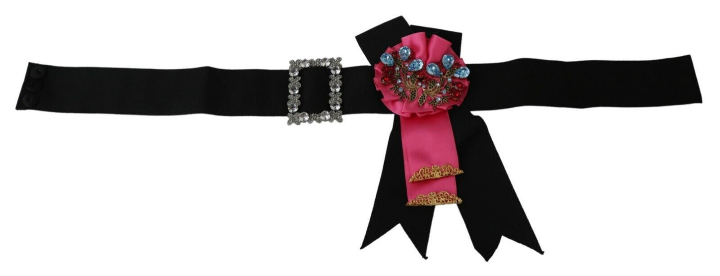 Dolce &amp; Gabbana Black Pink Flower Brooch Crystals Cotton Belt