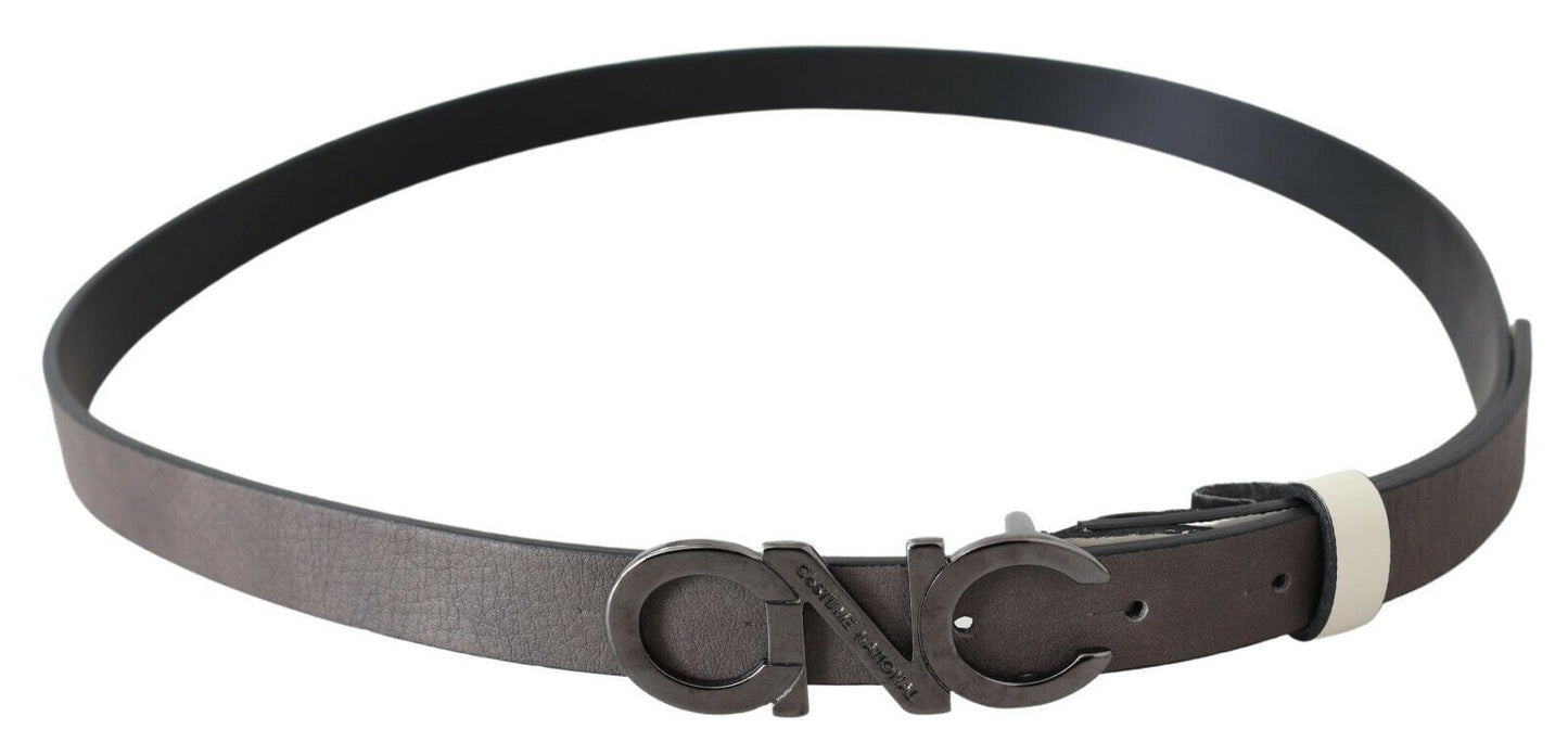 Costume National Belt Mettalic Grey Leather Logo Belt