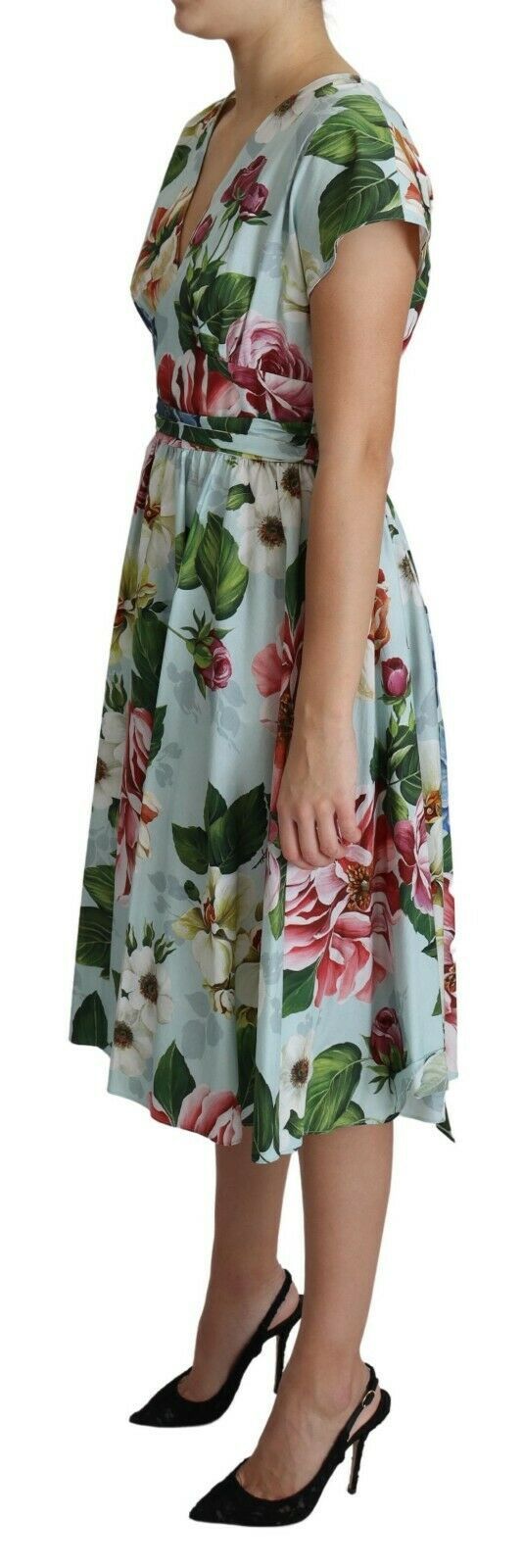 Dolce &amp; Gabbana Green Floral Short Sleeves V-neck Dress