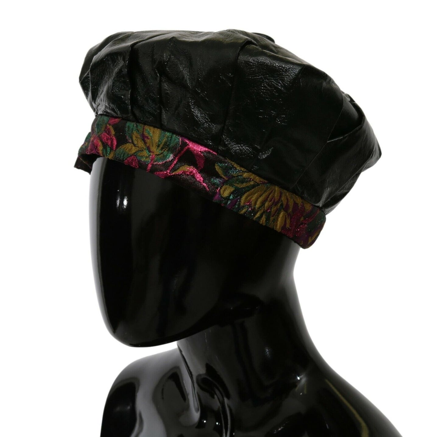 Dolce &amp; Gabbana Black Lamb Leather Floral Print Beret Hat