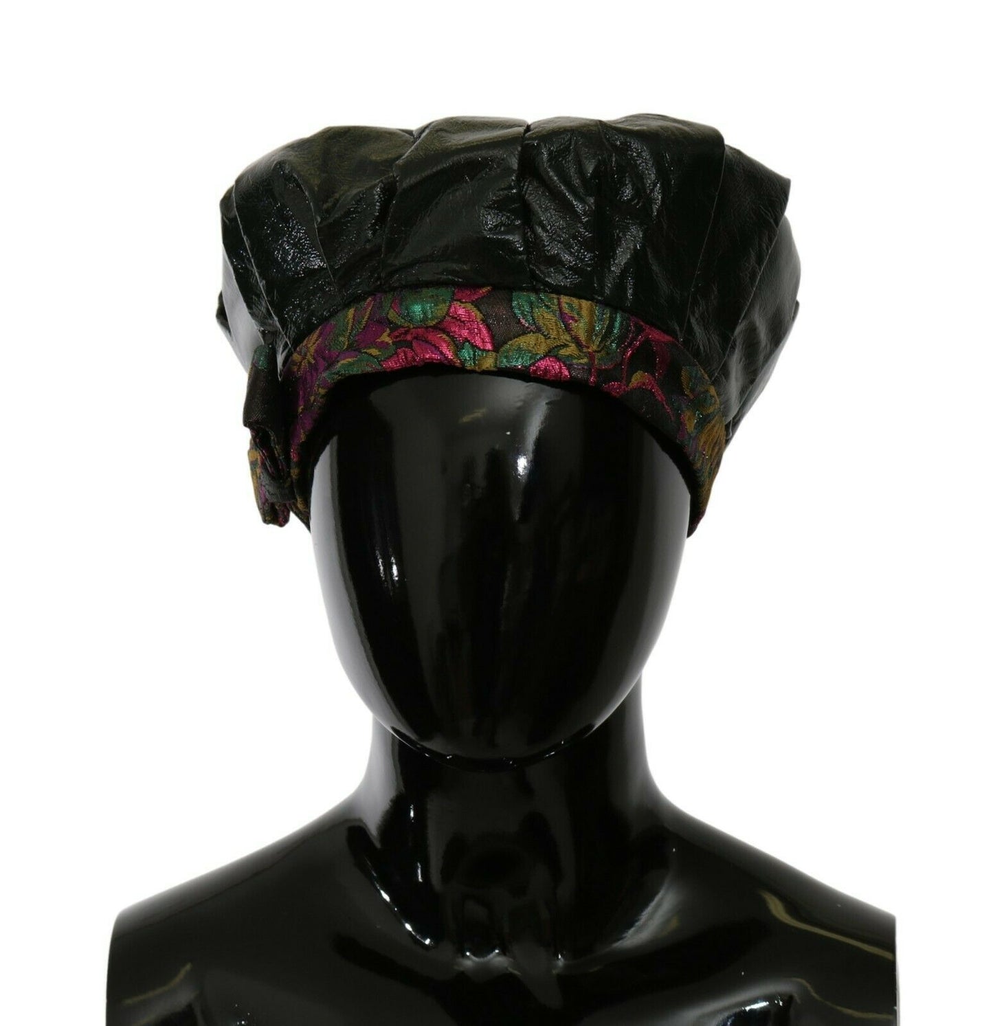 Dolce &amp; Gabbana Black Lamb Leather Floral Print Beret Hat