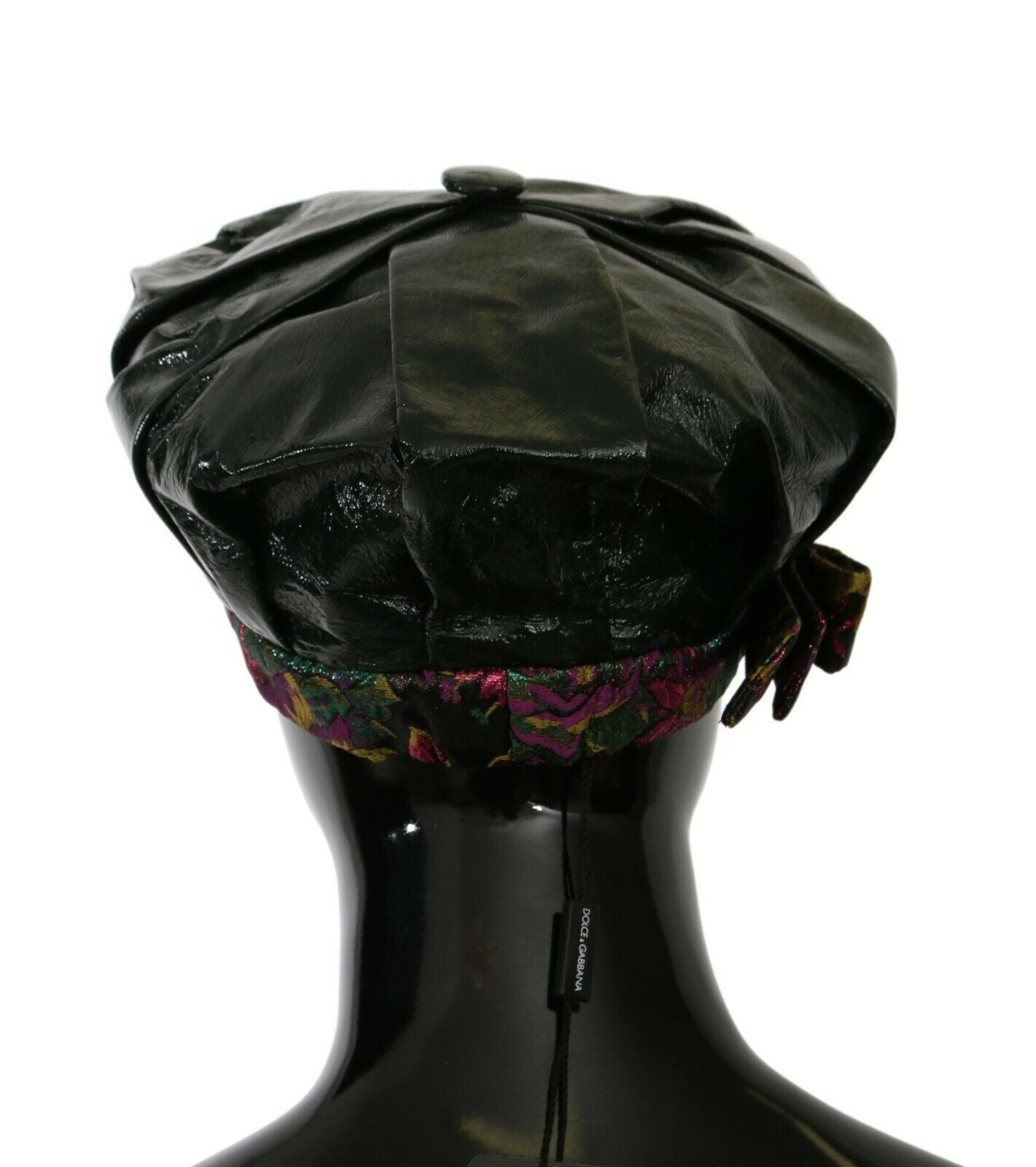 Dolce &amp; Gabbana Black Lamb Leather Floral Print Beret Hat