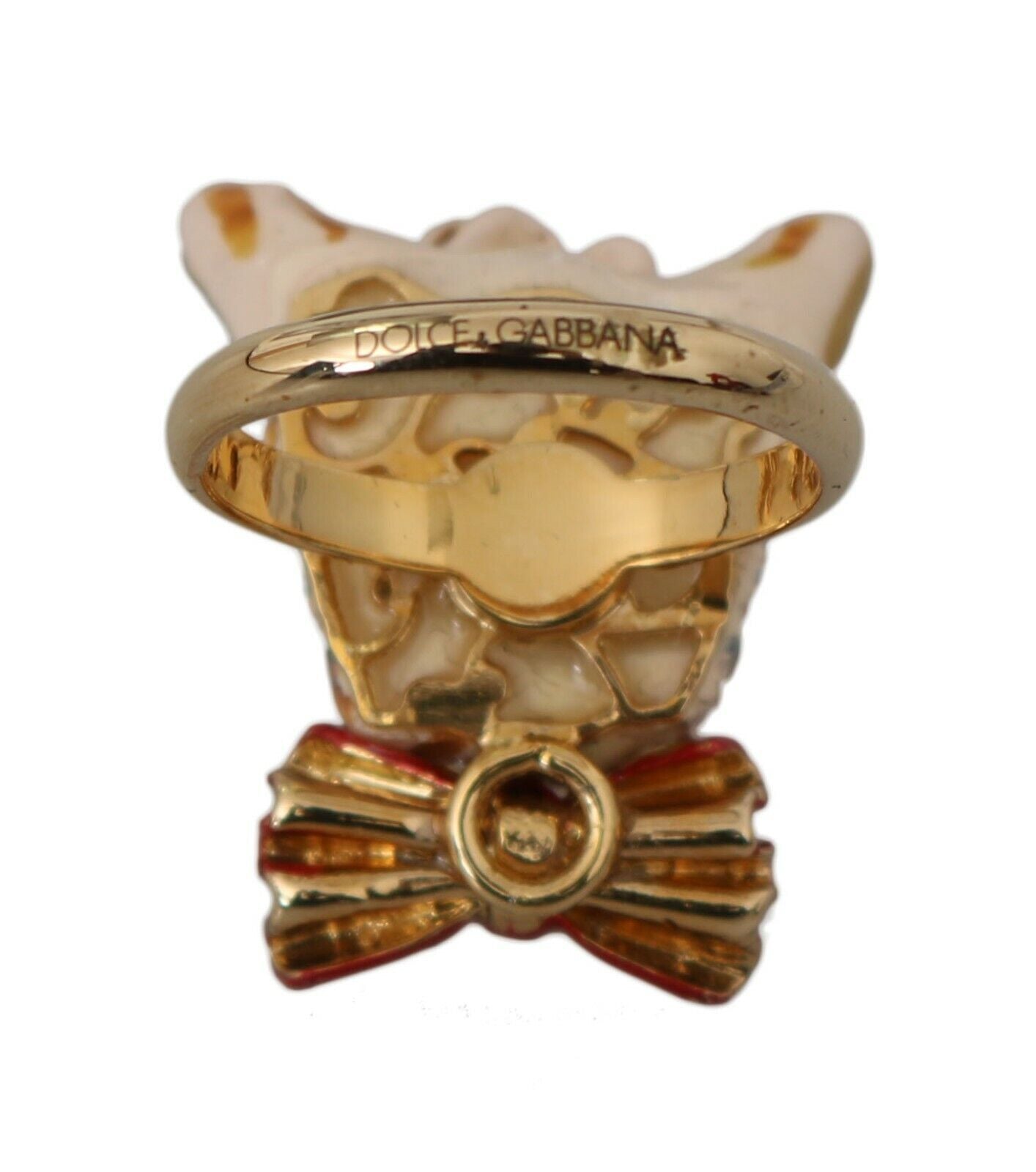 Dolce &amp; Gabbana Gold Brass Resin Beige Dog Pet Branded Accessory Ring