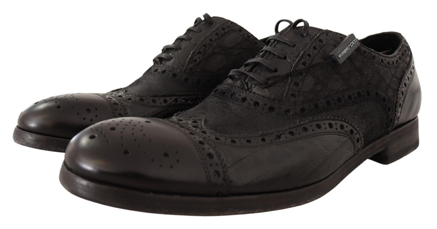 Dolce &amp; Gabbana Black Leather Brogue Wing Tip Men Formal Shoes