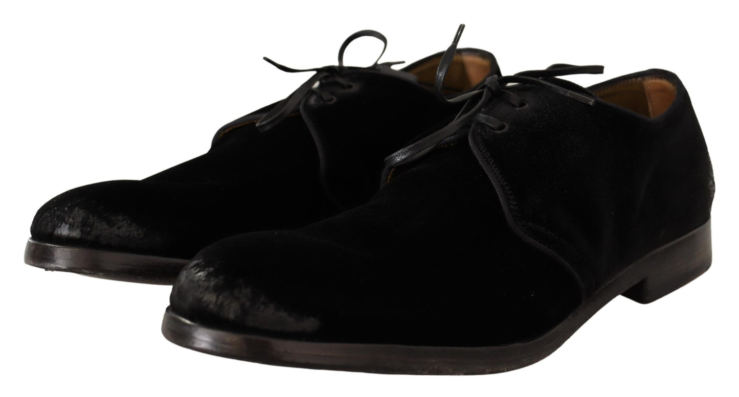 Dolce &amp; Gabbana Black Velvet Lace Up Aged Style Derby Shoes