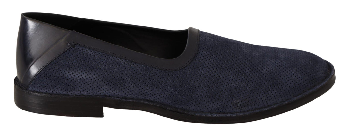 Dolce &amp; Gabbana Blue Leather Perforated Slip On Loafers Shoes