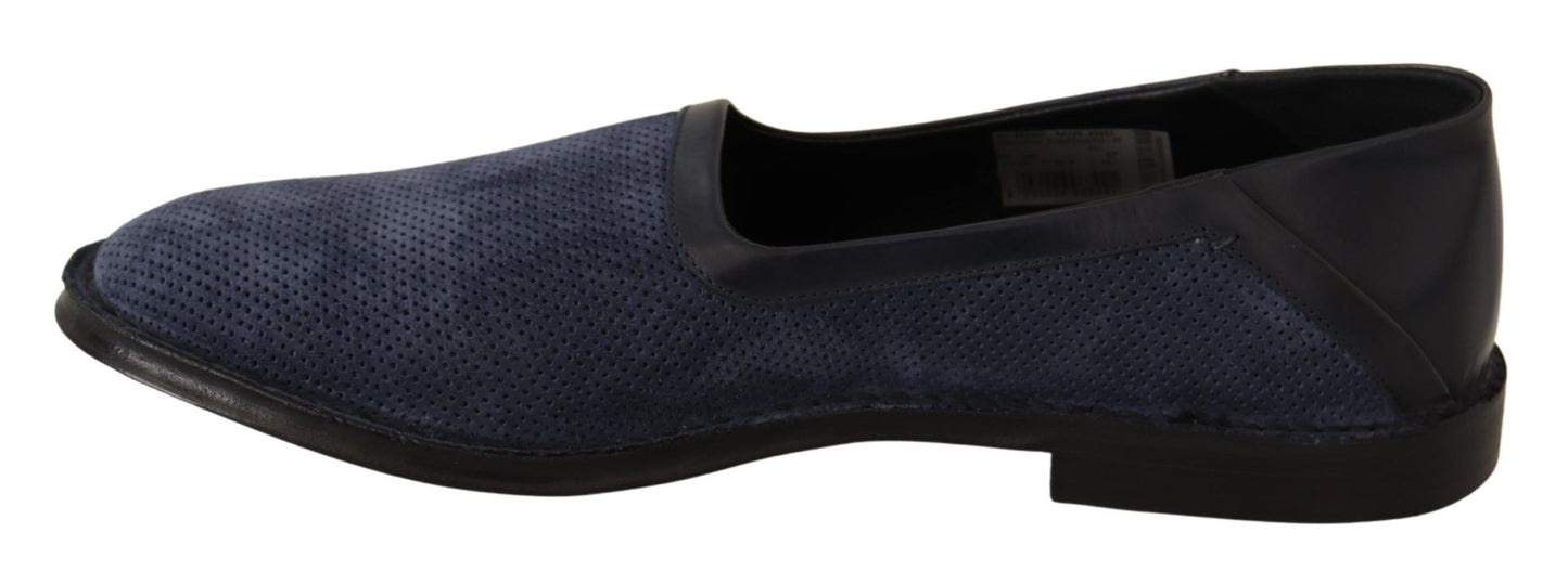 Dolce &amp; Gabbana Blue Leather Perforated Slip On Loafers Shoes