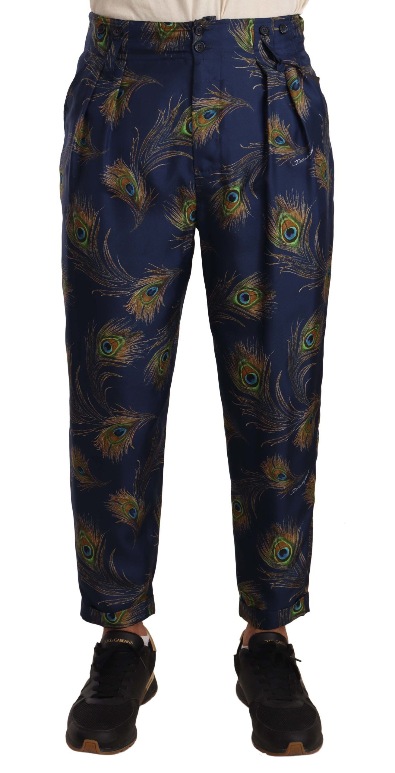 Dolce &amp; Gabbana Blue Peacock Print Tapered Trousers Silk Pants