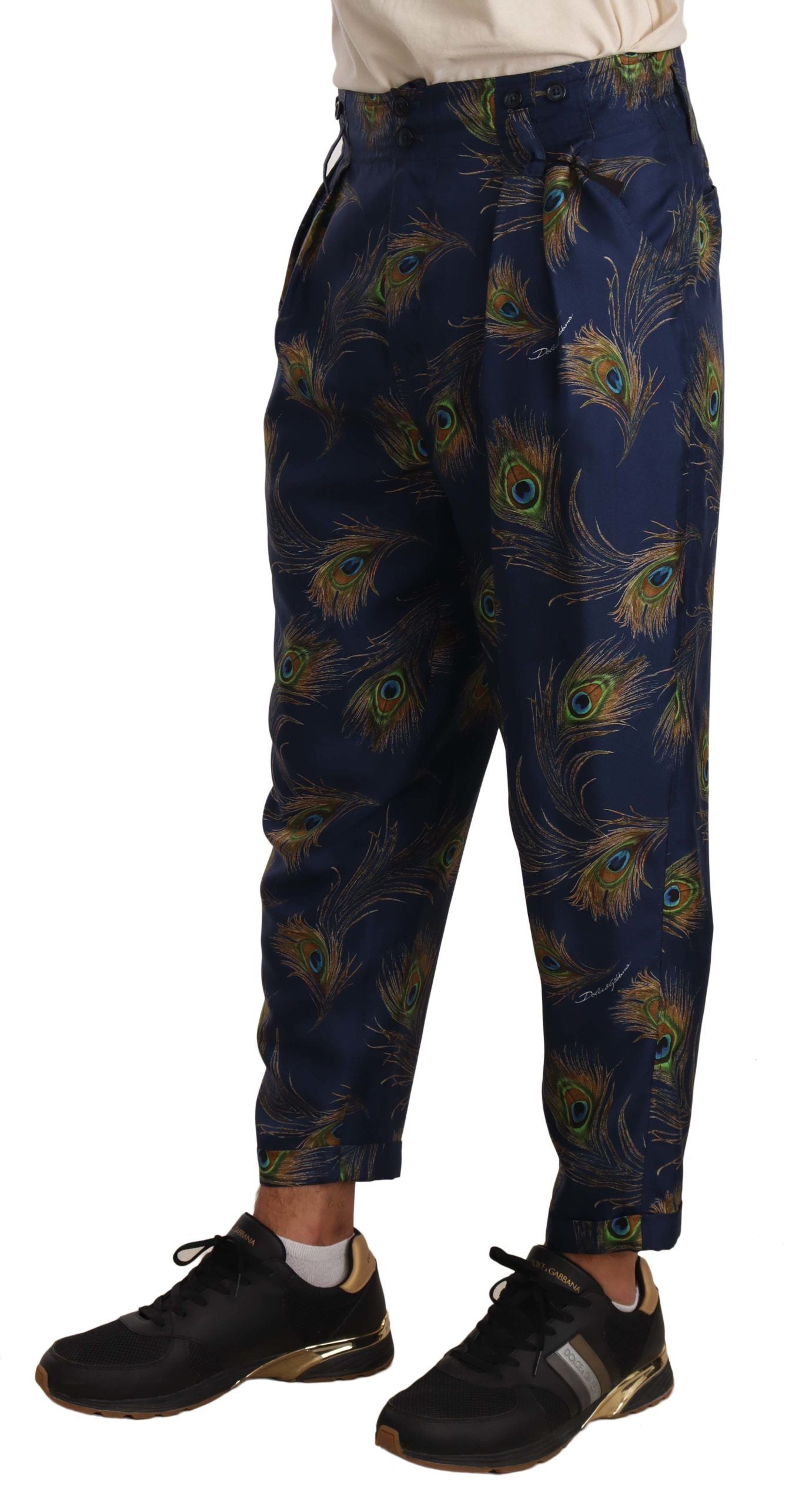 Dolce &amp; Gabbana Blue Peacock Print Tapered Trousers Silk Pants