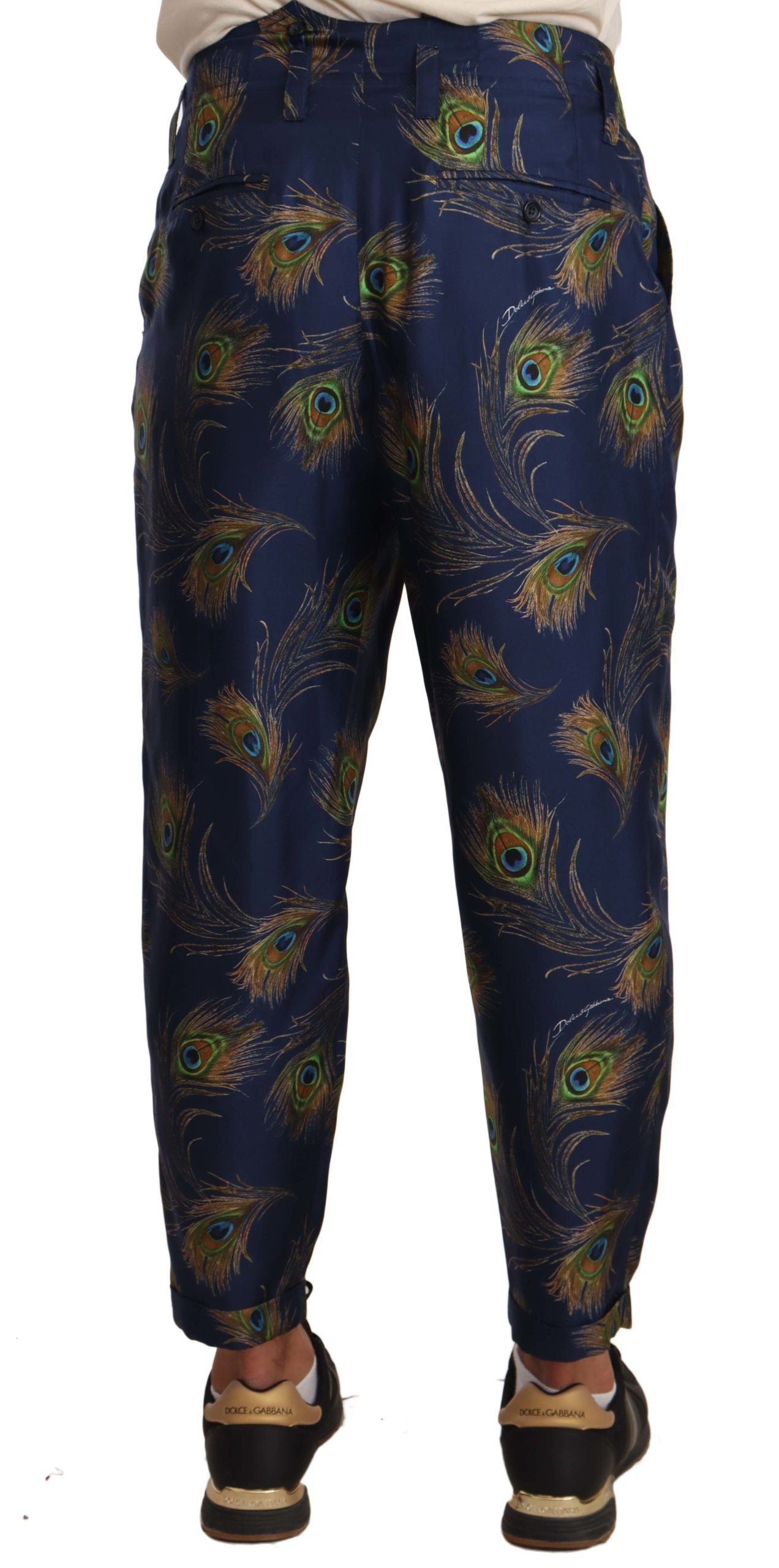 Dolce &amp; Gabbana Blue Peacock Print Tapered Trousers Silk Pants