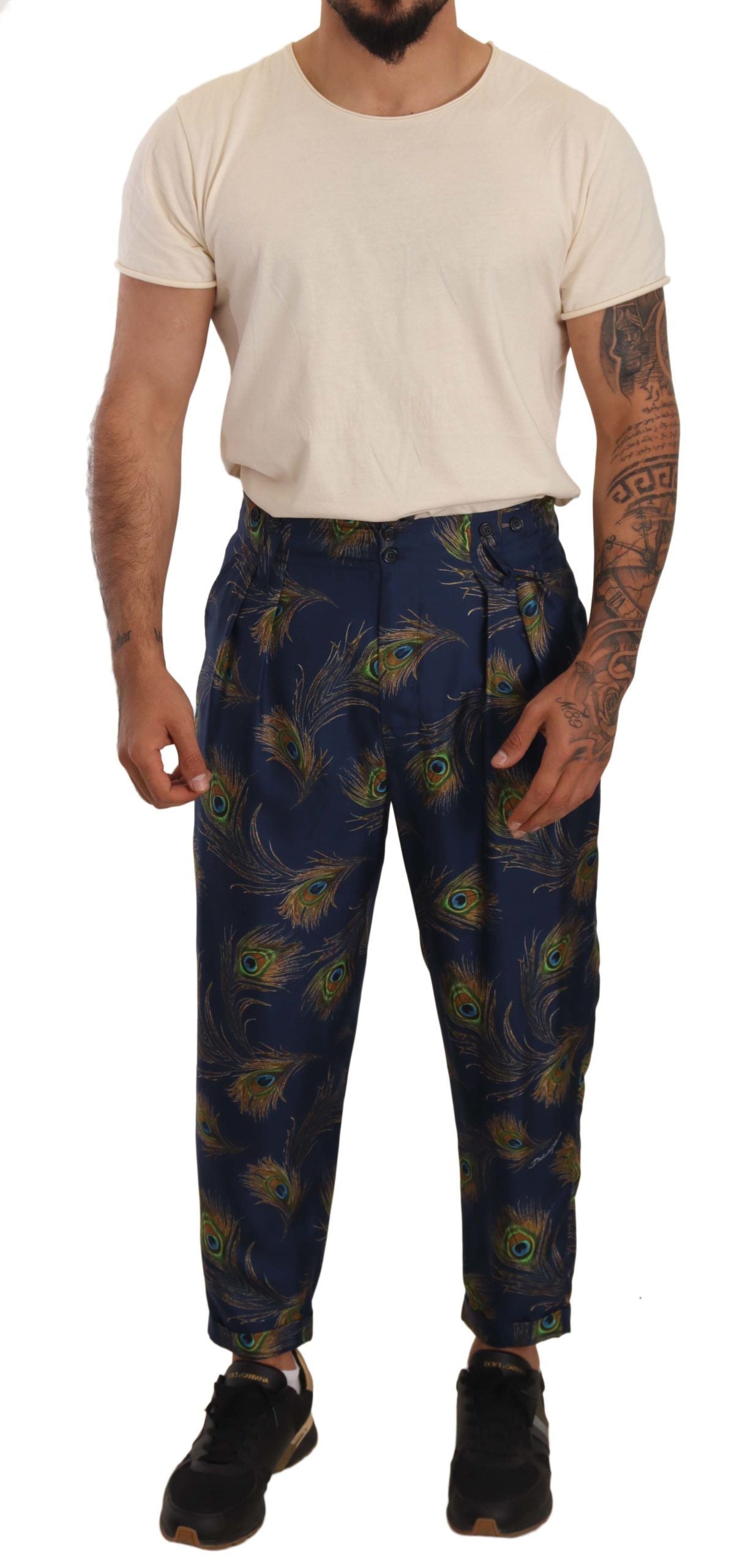 Dolce &amp; Gabbana Blue Peacock Print Tapered Trousers Silk Pants