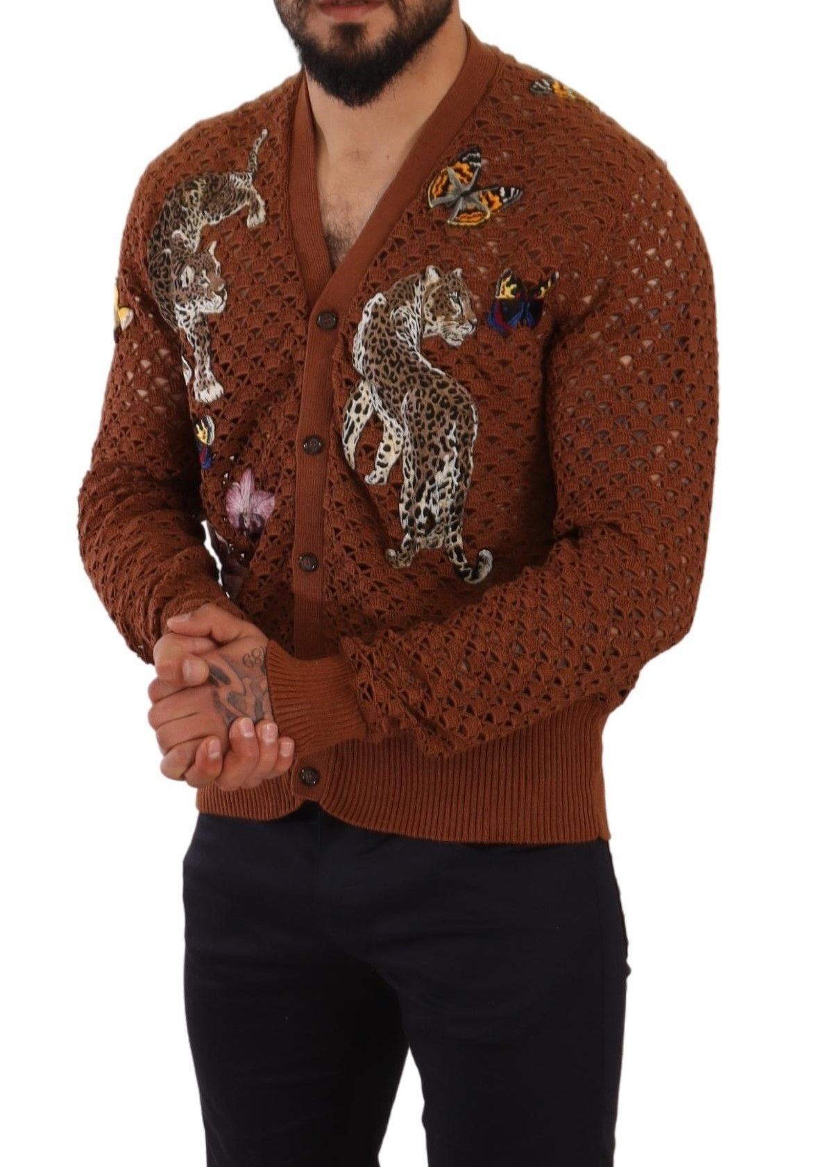 Dolce &amp; Gabbana Brauner Cardigan-Pullover mit Leopardenmuster und Schmetterlingen