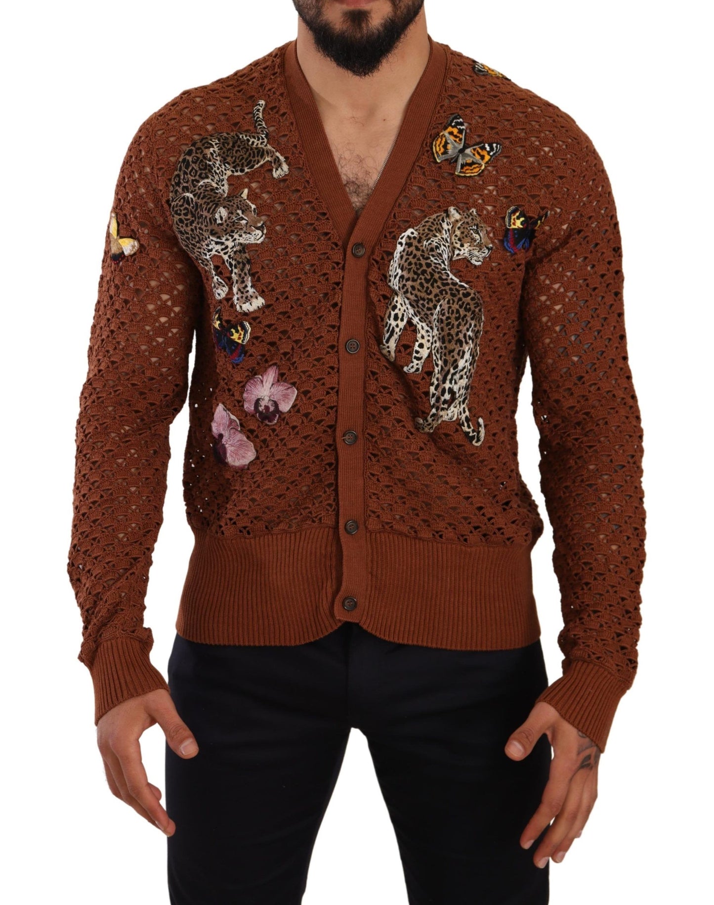 Dolce &amp; Gabbana Brauner Cardigan-Pullover mit Leopardenmuster und Schmetterlingen