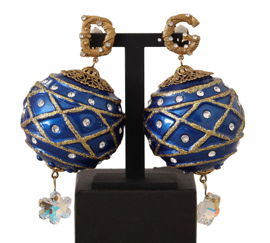 Dolce &amp; Gabbana Gold Messing blaue Weihnachtskugel-Kristall-Clip-Ohrringe