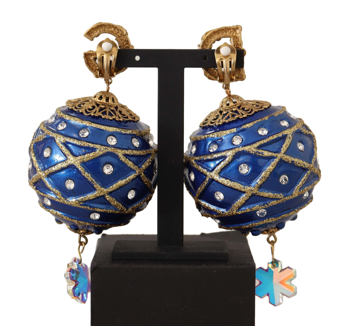 Dolce &amp; Gabbana Gold Messing blaue Weihnachtskugel-Kristall-Clip-Ohrringe