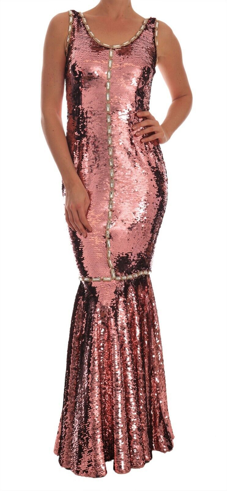 Dolce &amp; Gabbana Pink Sequined Sheath Crystal Dress Gown